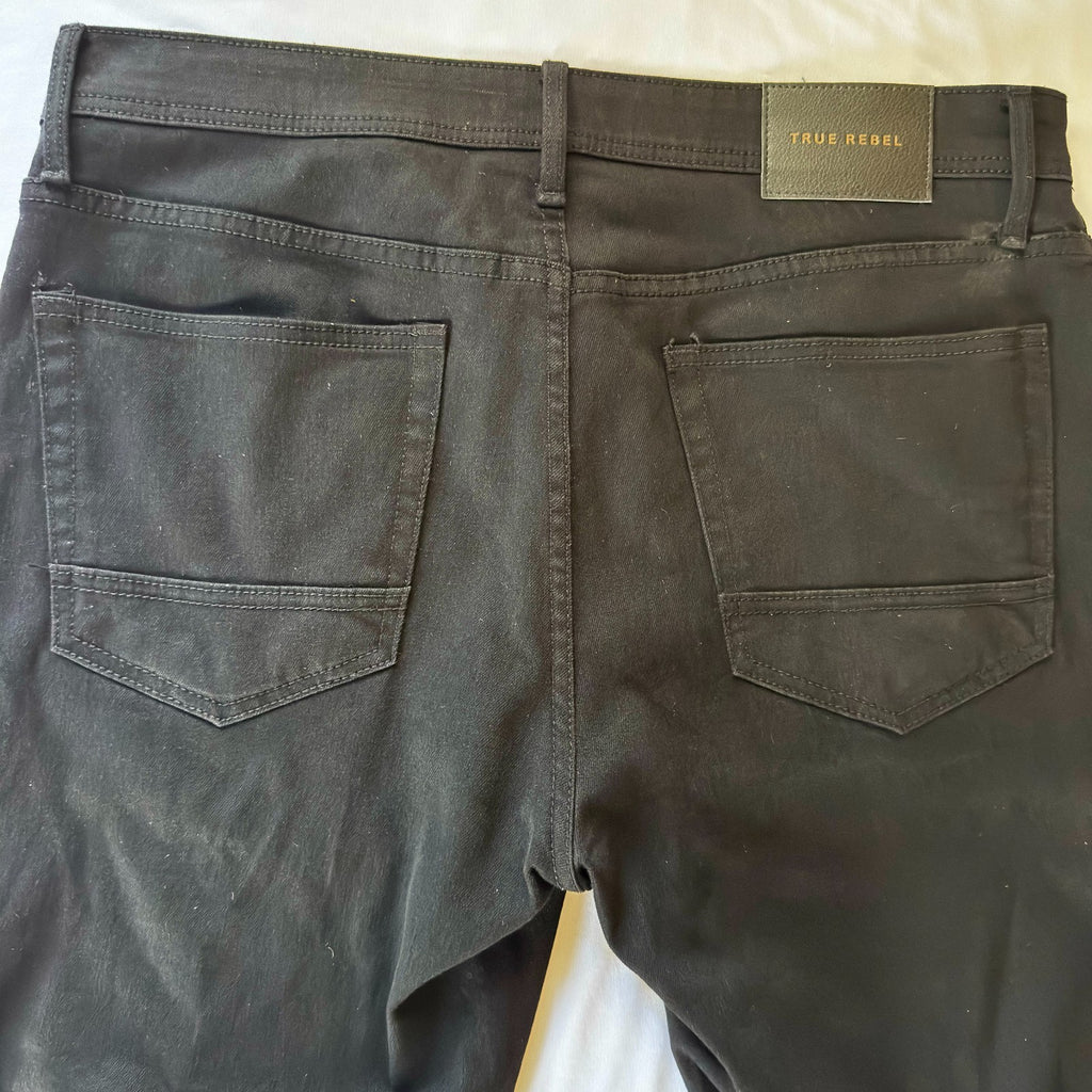 True Rebel Jeans Mens 34x32 Black Dark Wash Premium Denim RRL 808 Slim Fit