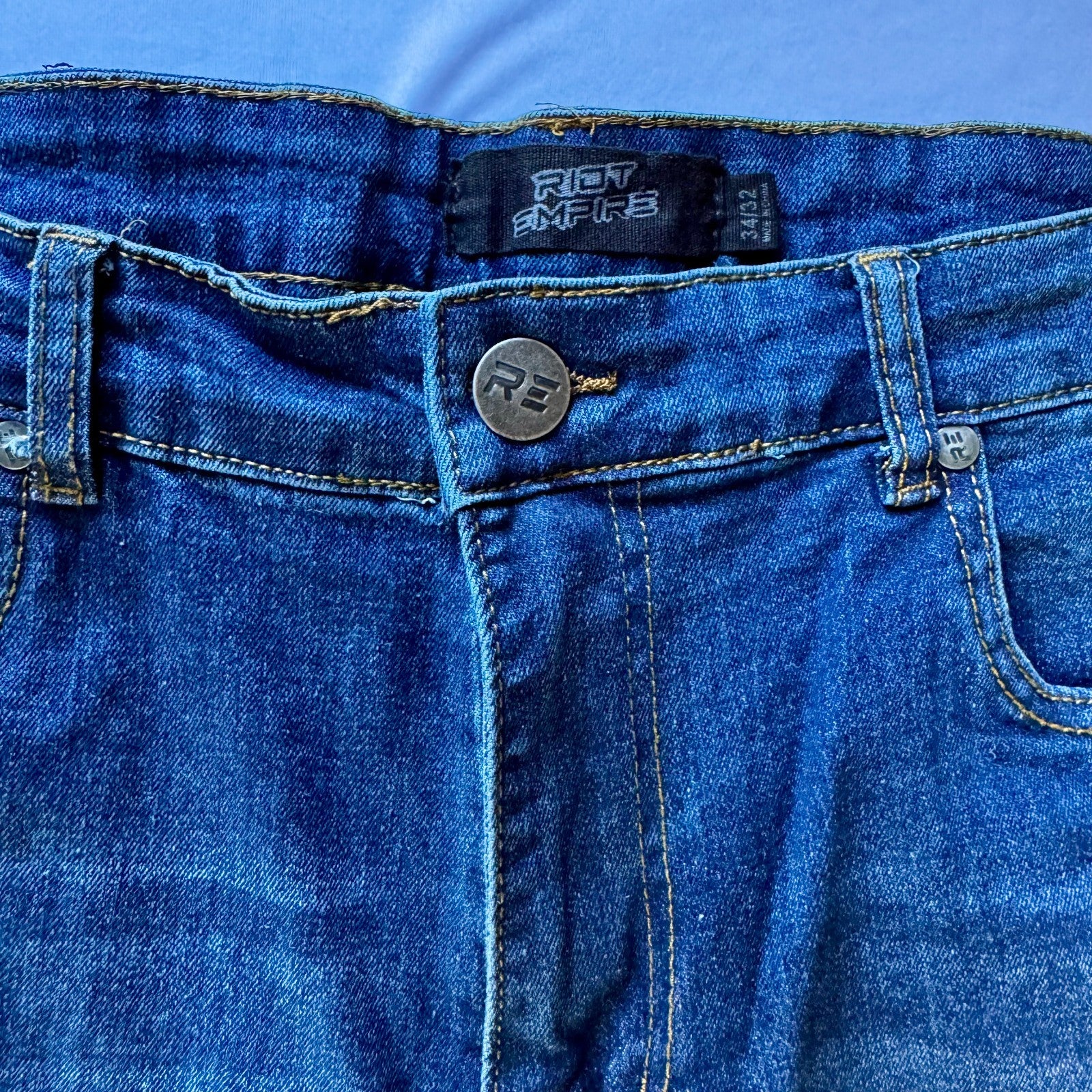 RIOT EMPIRE Men's 34x32 Stretch Denim Deep Indigo Blue Jeans 5-Pocket Skinny