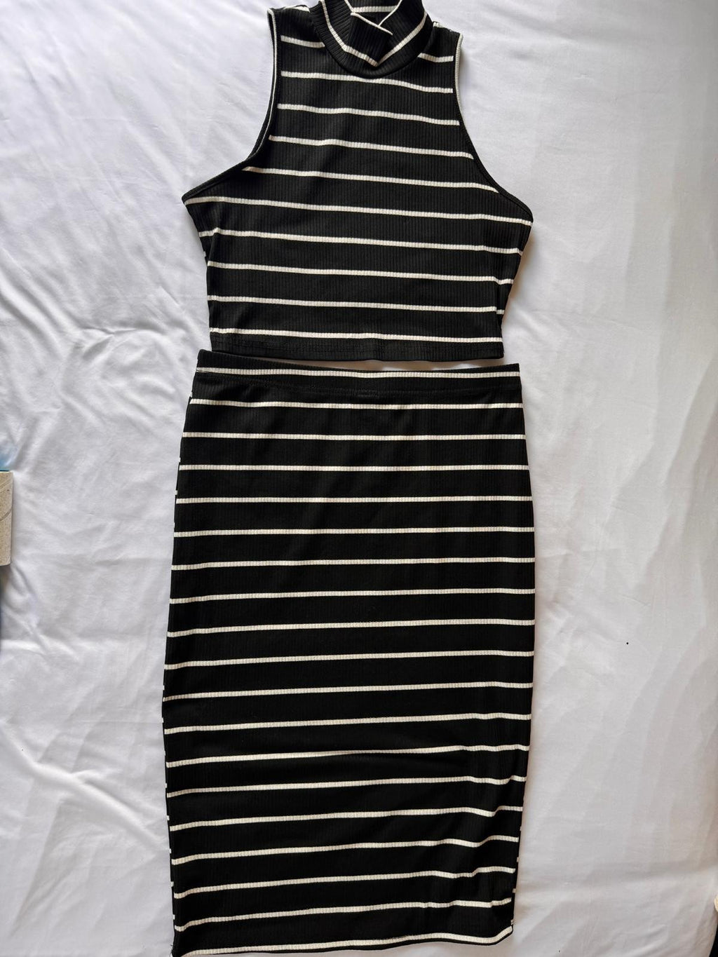 Shein Petit Striped Mock Neck Crop Tank Top & Skirt Black White size Large