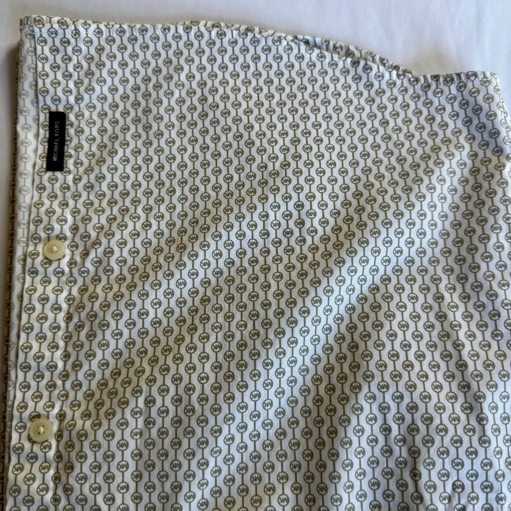 MICHAEL KORS Men Slim Fit Stretch All Over MK Print  Short Sleeve Button Up Sz L