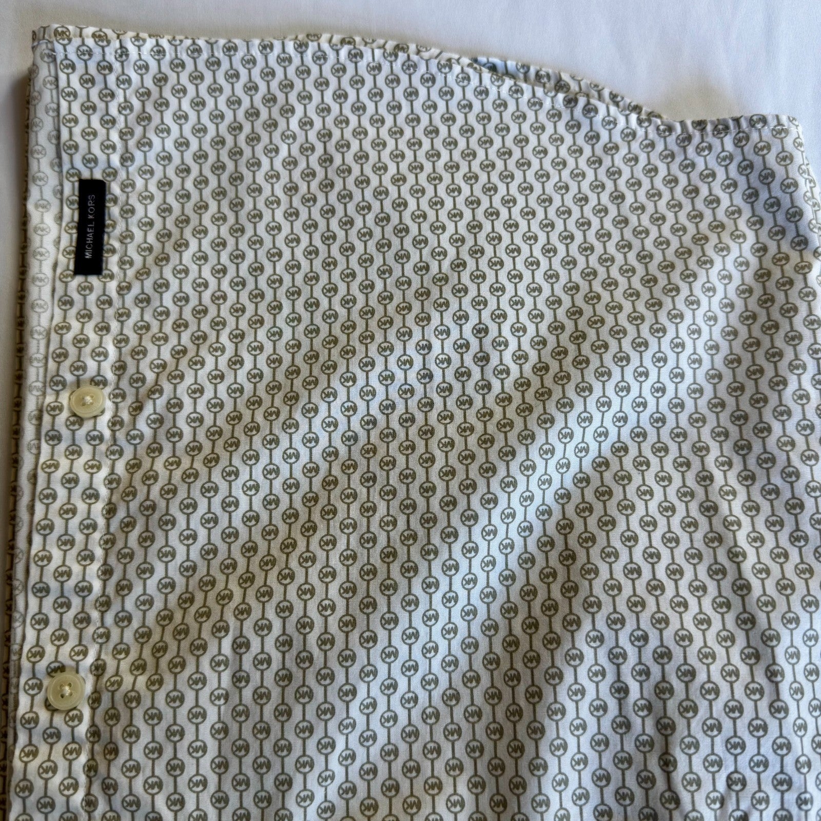 MICHAEL KORS Men Slim Fit Stretch All Over MK Print  Short Sleeve Button Up Sz L