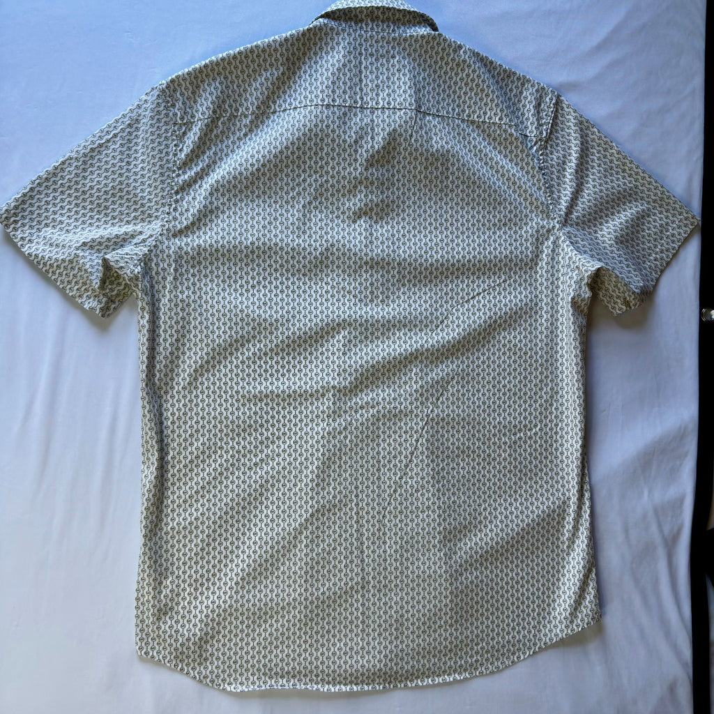 MICHAEL KORS Men Slim Fit Stretch All Over MK Print  Short Sleeve Button Up Sz L