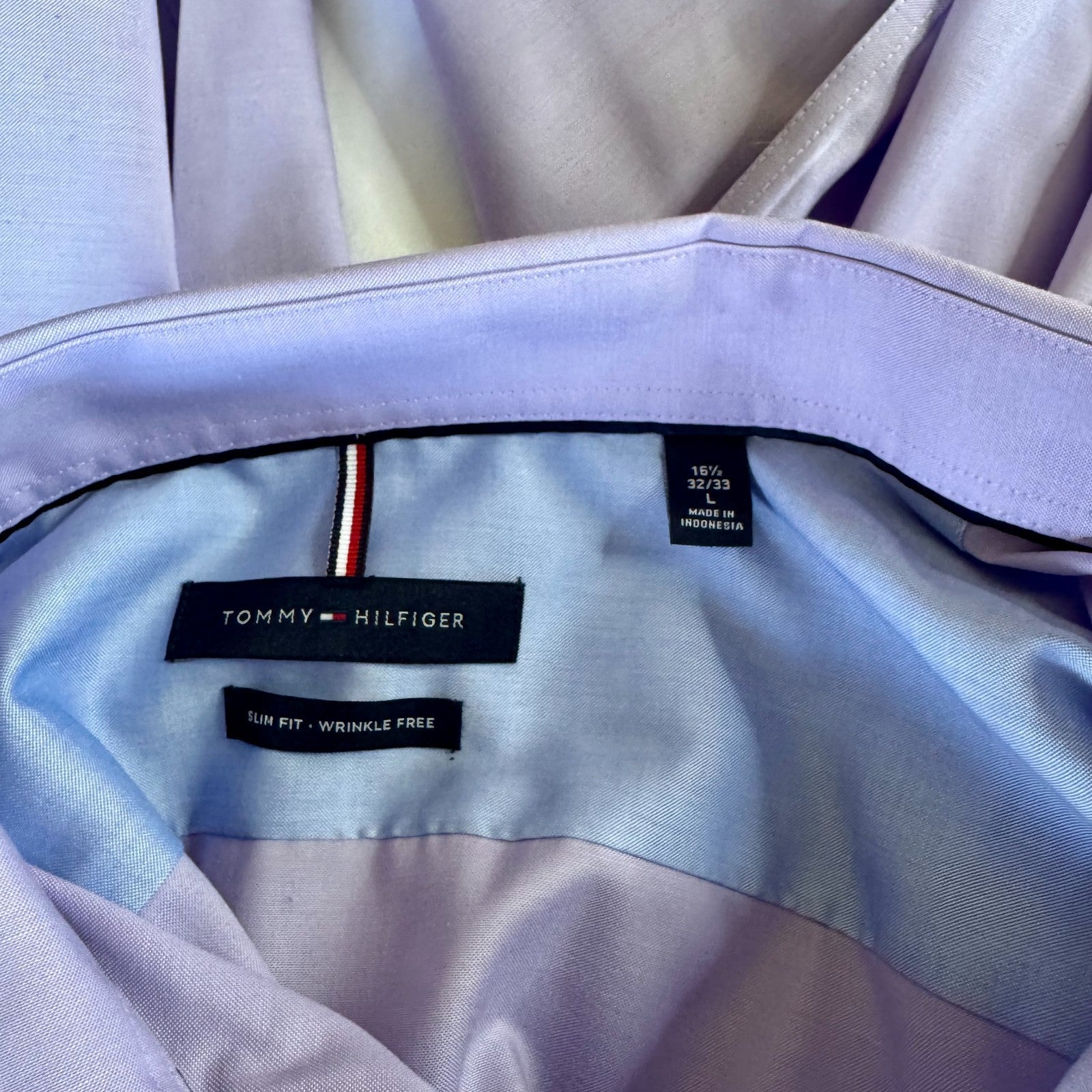 Mens Tommy Hilfiger Shirt Long Sleeve, Purple, Size L, Slim Fit Wrinkle Free
