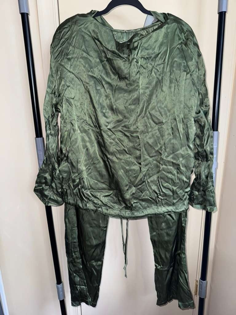 NWT Zara Satin Effect Green Long Sleeve Shirt and Pants Matching Set