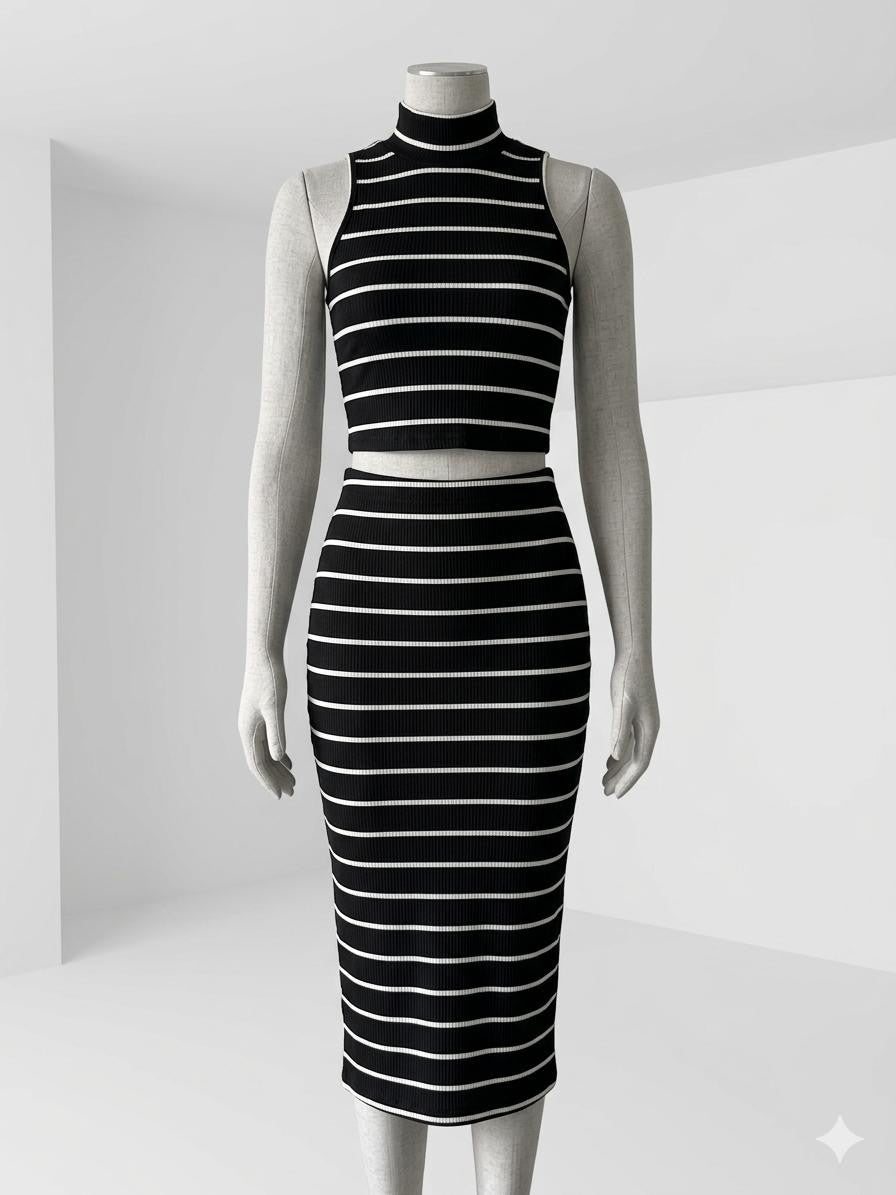 Shein Petit Striped Mock Neck Crop Tank Top & Skirt Black White size Large