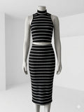 Shein Petit Striped Mock Neck Crop Tank Top & Skirt Black White size Large
