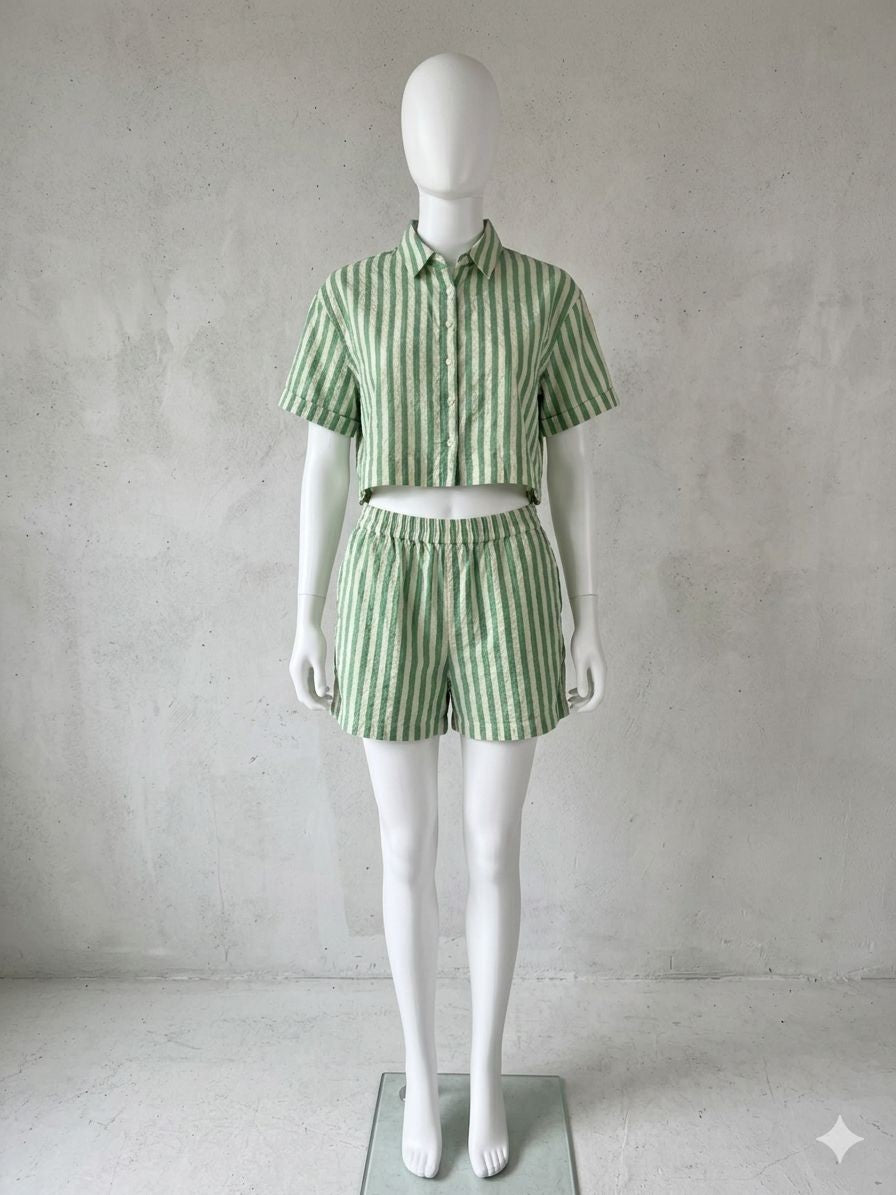 Japna Womens Juniors Shorts Green White Stripes Set Size Large