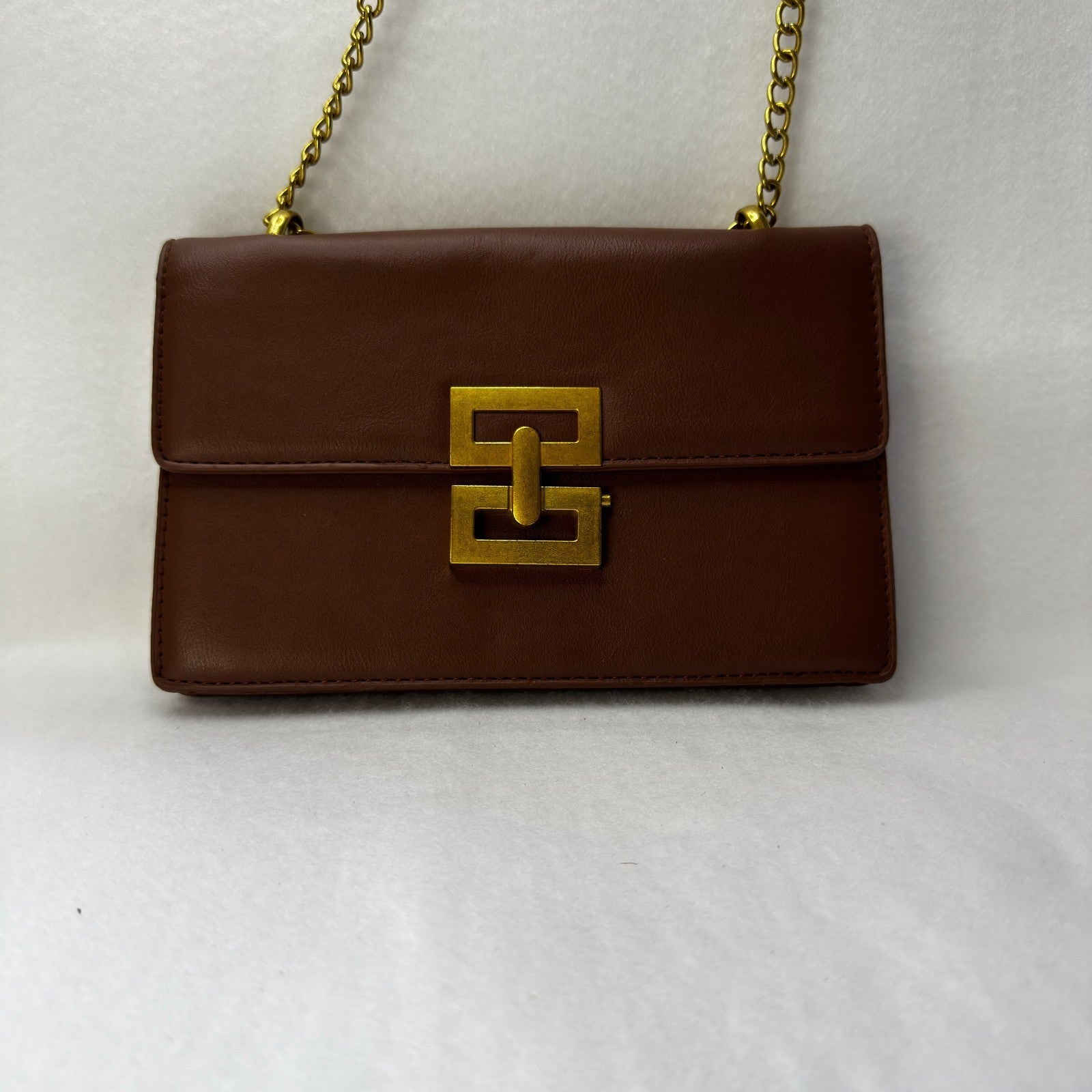 Brown Minimalist Metal Decor Chain Shoulder Bag Elegant PU Crossbody Bag
