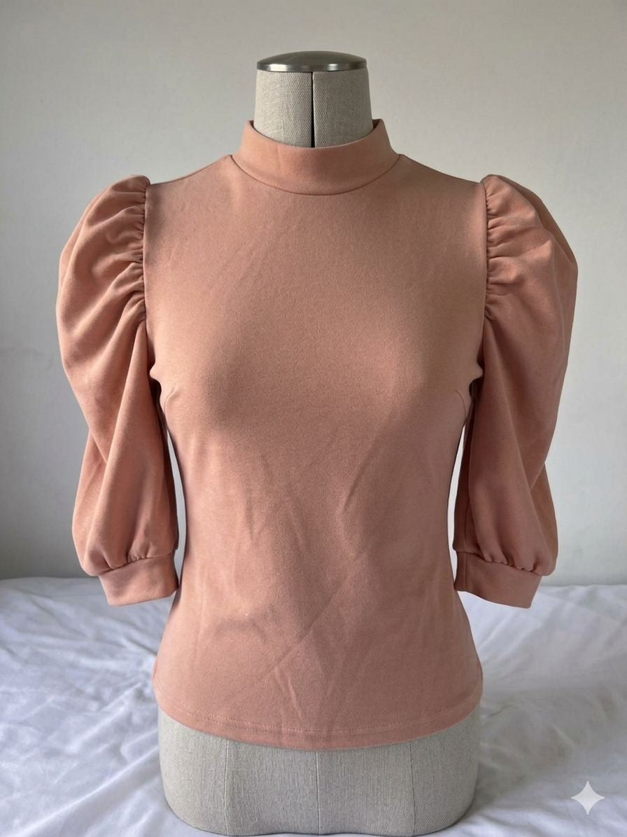 Mulvari Keyhole Back Mock-Neck Puff Sleeve Top, Size Large