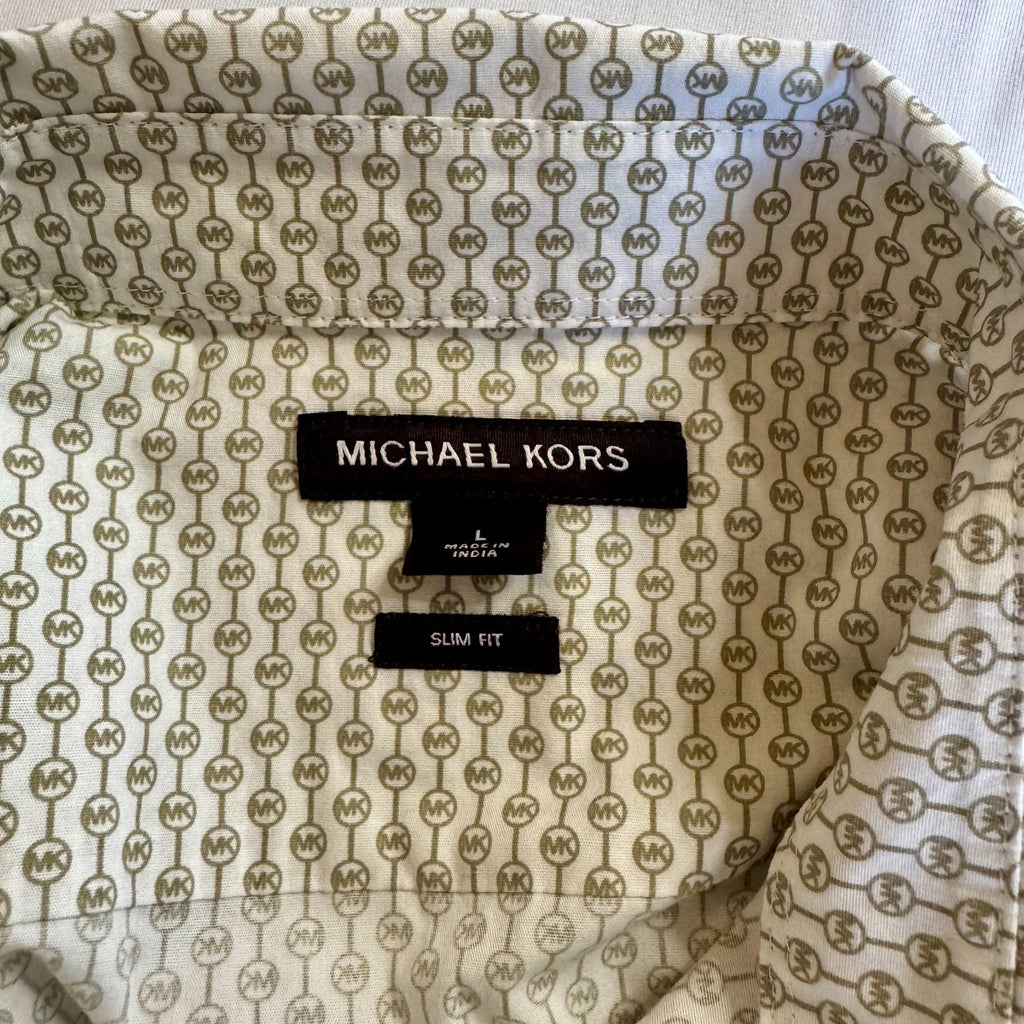 MICHAEL KORS Men Slim Fit Stretch All Over MK Print  Short Sleeve Button Up Sz L