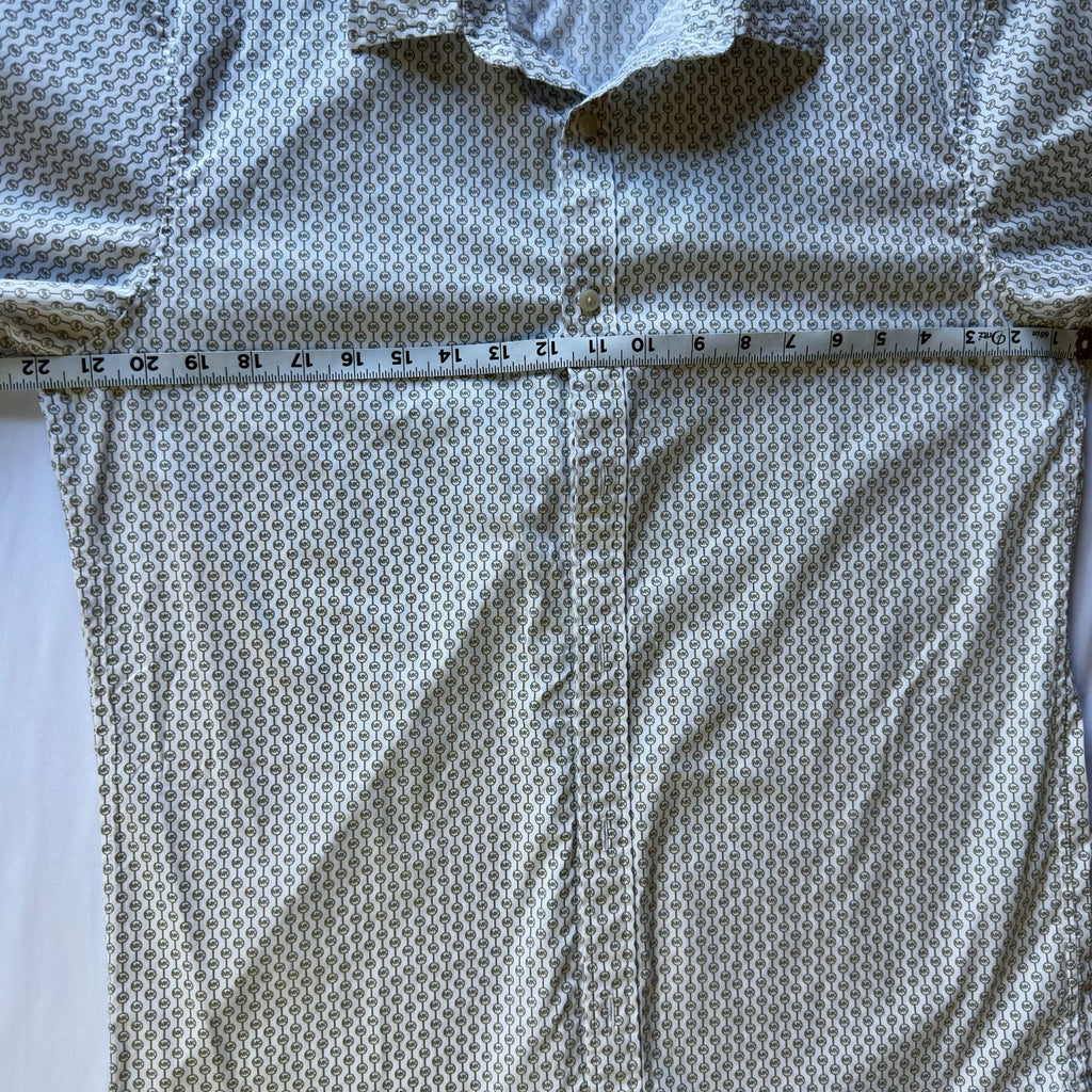 MICHAEL KORS Men Slim Fit Stretch All Over MK Print  Short Sleeve Button Up Sz L