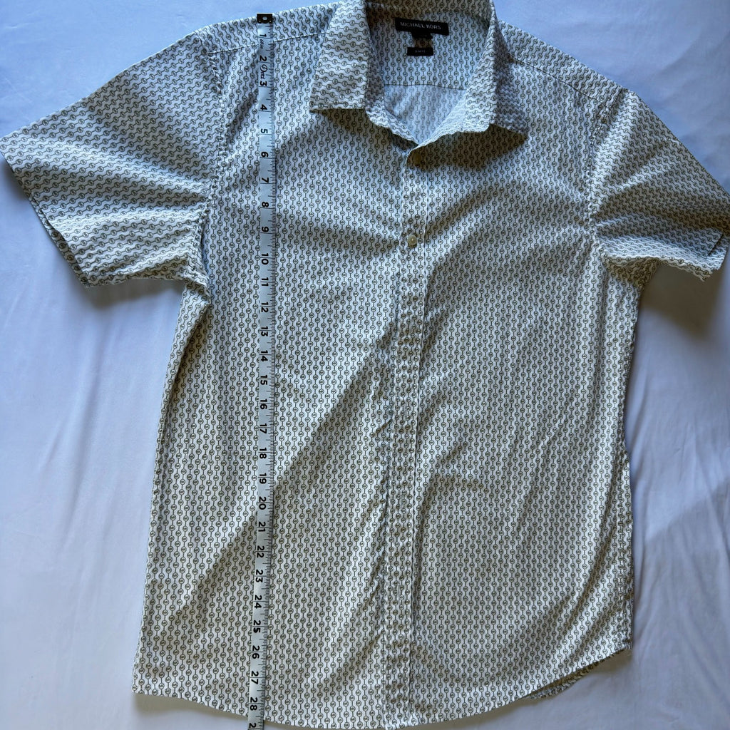 MICHAEL KORS Men Slim Fit Stretch All Over MK Print  Short Sleeve Button Up Sz L