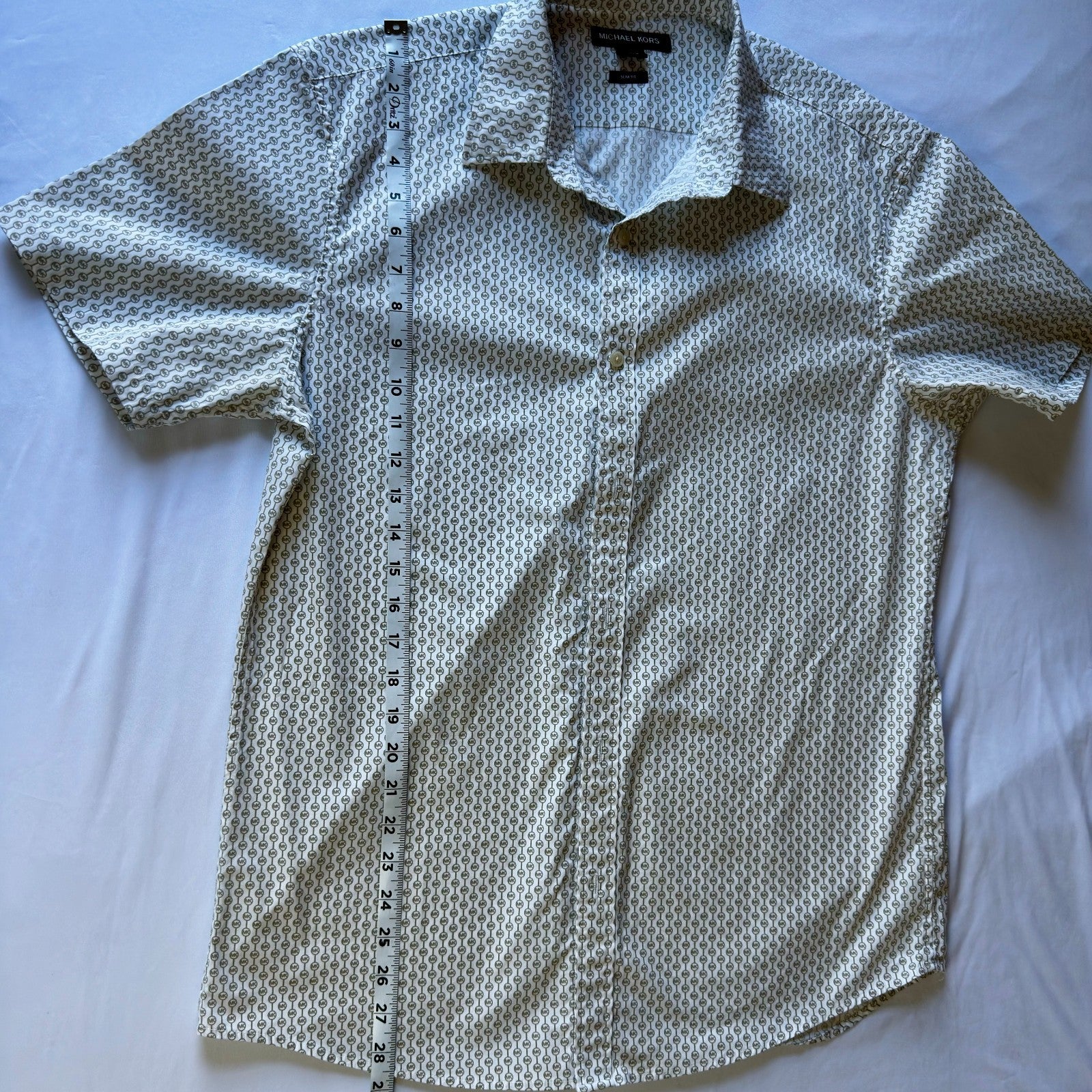 MICHAEL KORS Men Slim Fit Stretch All Over MK Print  Short Sleeve Button Up Sz L