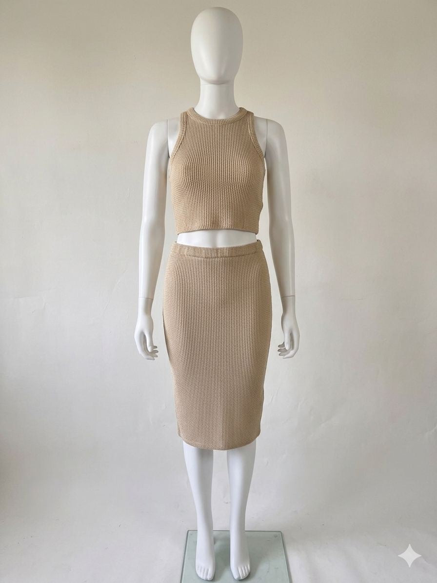 Elegant Tan Knit Skirt and crop top set By 2 Saints Size XL