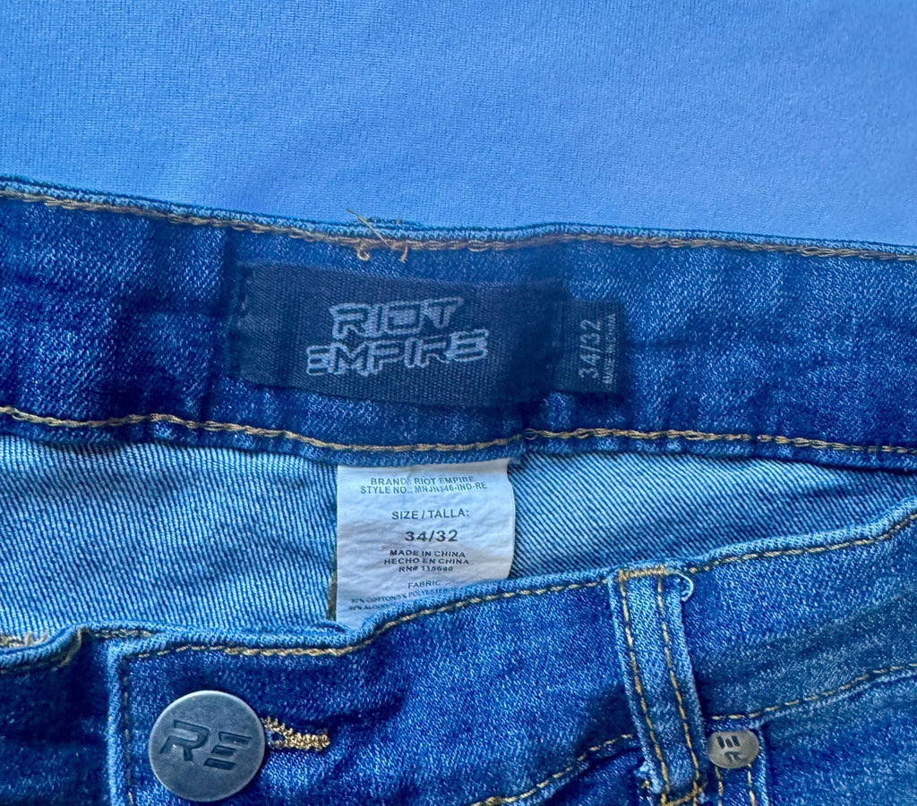 RIOT EMPIRE Men's 34x32 Stretch Denim Deep Indigo Blue Jeans 5-Pocket Skinny