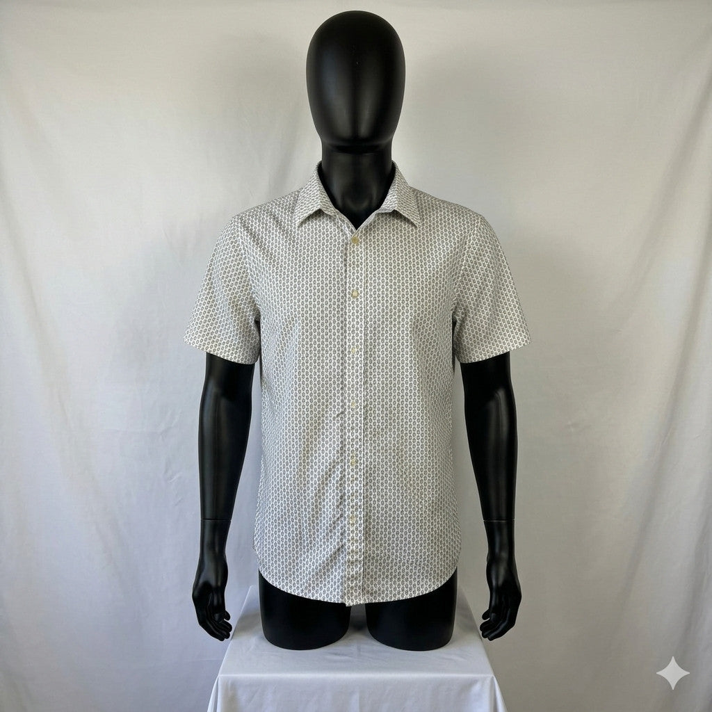 MICHAEL KORS Men Slim Fit Stretch All Over MK Print  Short Sleeve Button Up Sz L