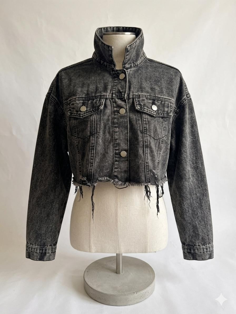 Plus Size Women's Spring & Fall Casual Frayed Hem Long Sleeve Cropped Denim Jack
