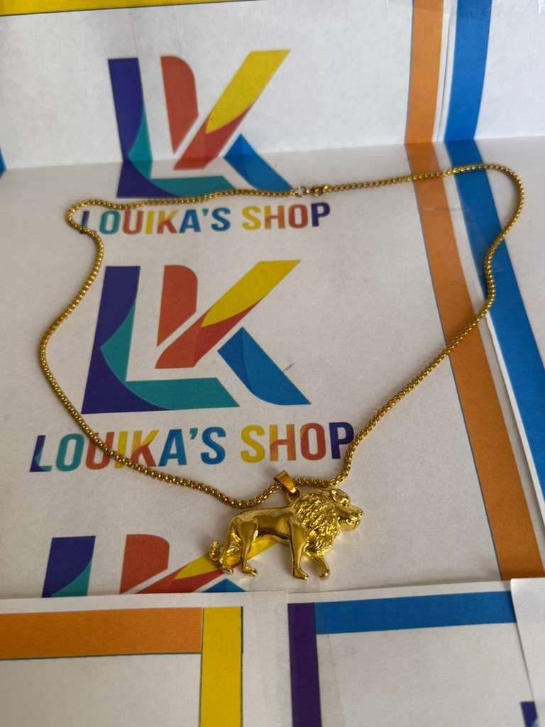 Yellow Stainless Steel Lion Head Charm Pendant Necklace with Chain 24 inches