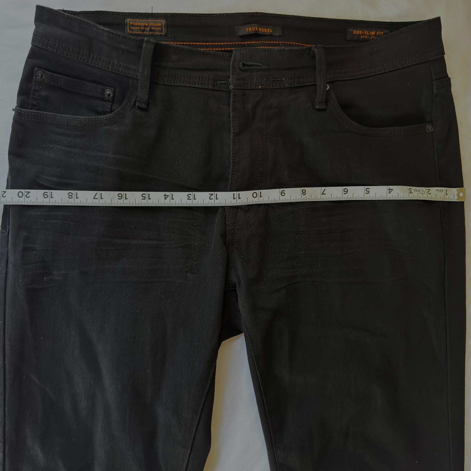 True Rebel Jeans Mens 34x32 Black Dark Wash Premium Denim RRL 808 Slim Fit