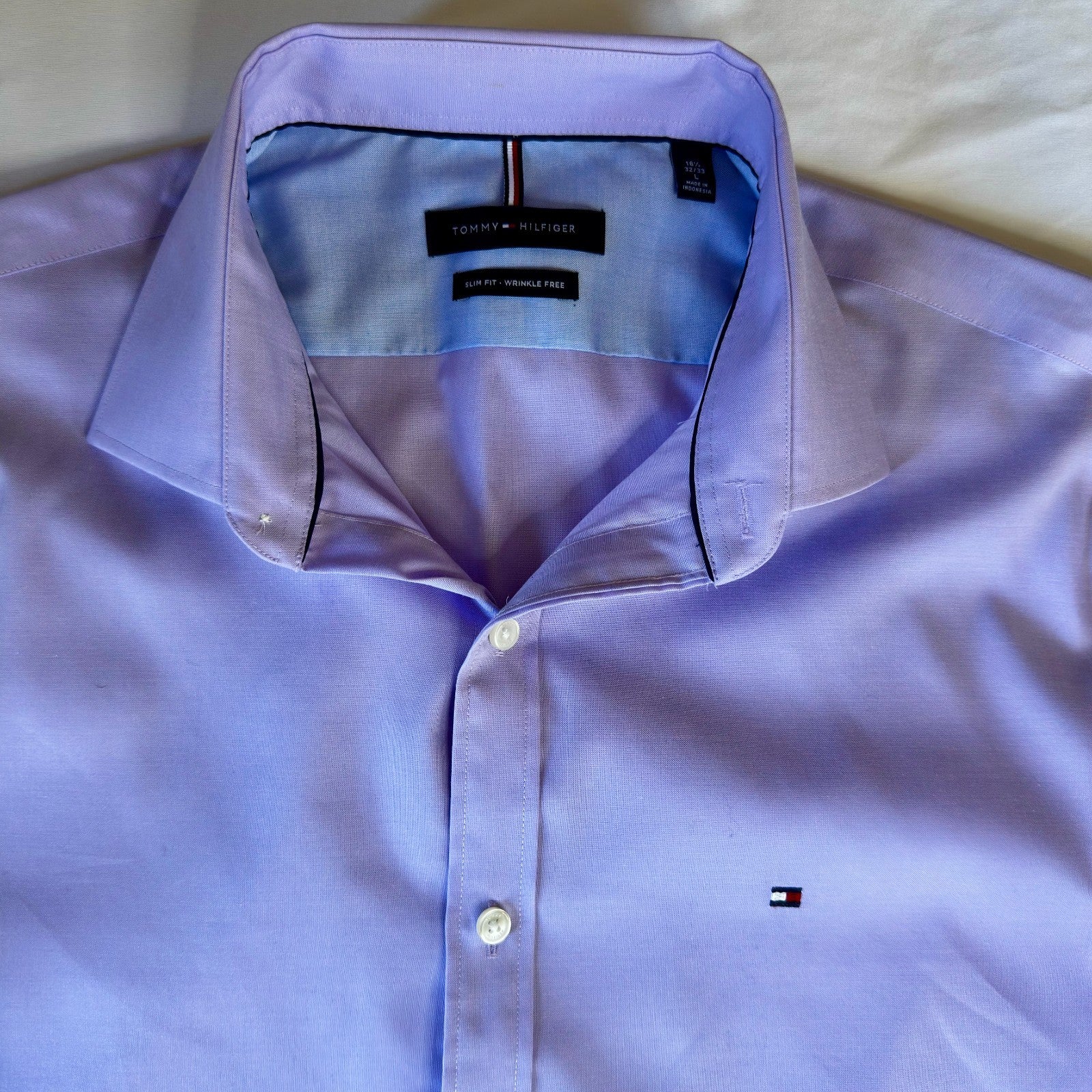 Mens Tommy Hilfiger Shirt Long Sleeve, Purple, Size L, Slim Fit Wrinkle Free