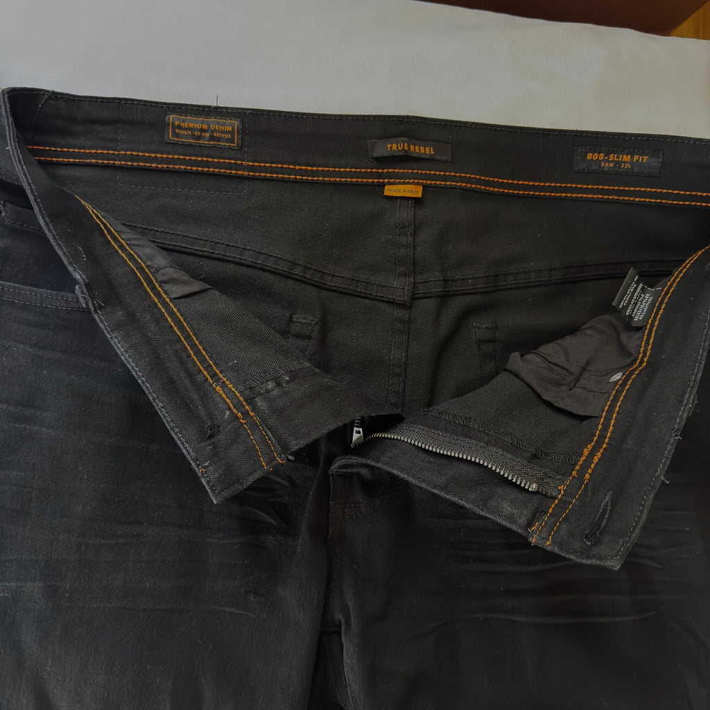True Rebel Jeans Mens 34x32 Black Dark Wash Premium Denim RRL 808 Slim Fit
