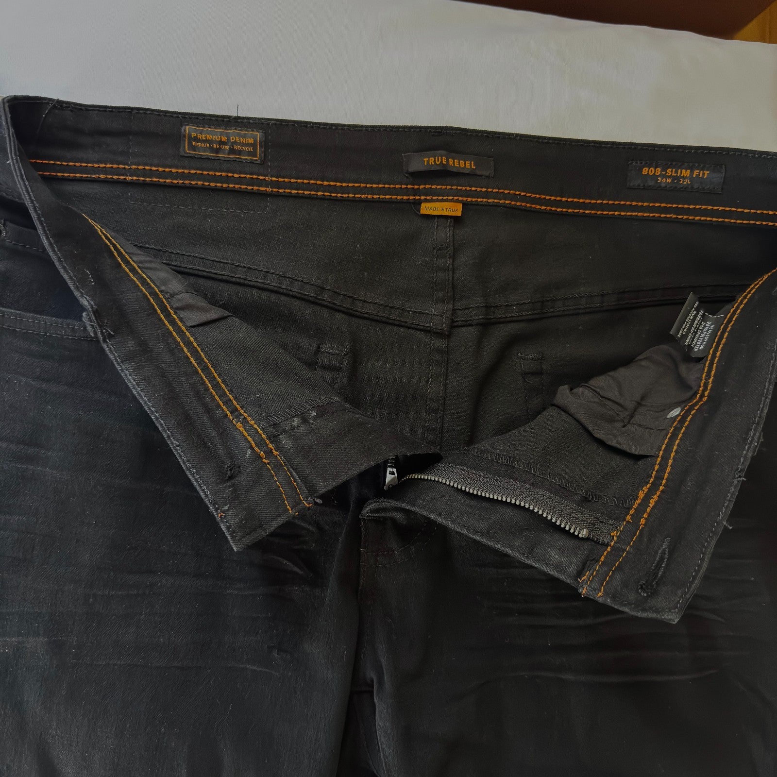 True Rebel Jeans Mens 34x32 Black Dark Wash Premium Denim RRL 808 Slim Fit