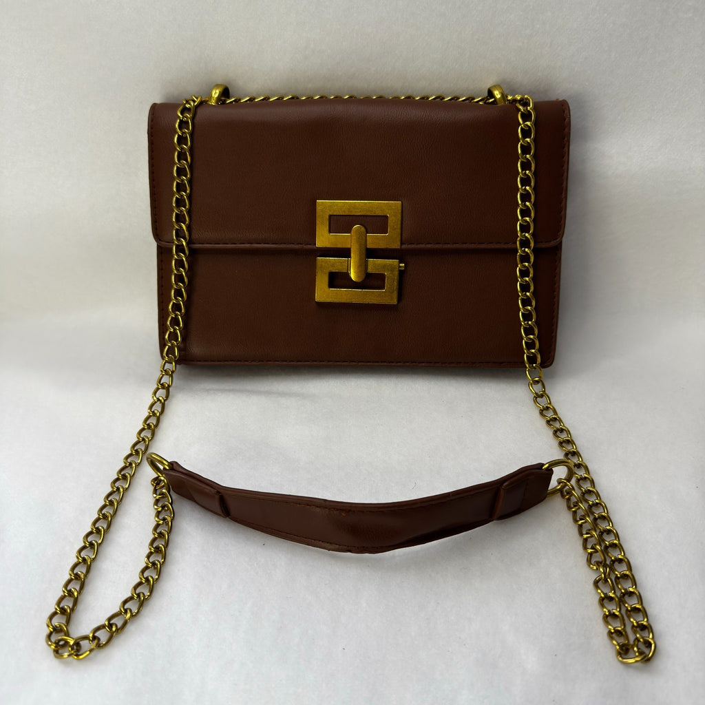 Brown Minimalist Metal Decor Chain Shoulder Bag Elegant PU Crossbody Bag
