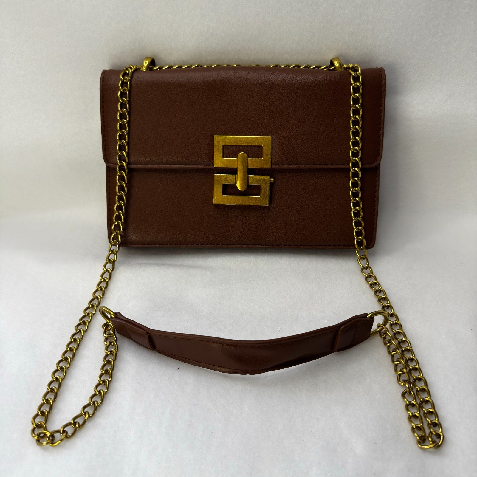 Brown Minimalist Metal Decor Chain Shoulder Bag Elegant PU Crossbody Bag