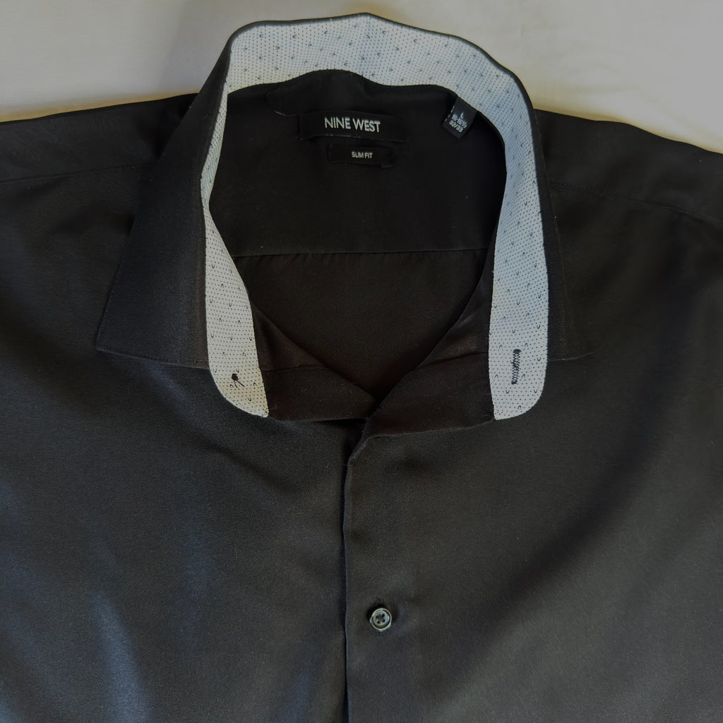 Nine West Men's Slim Fit Black Long Sleeve Solid Dress Shirt, Size L