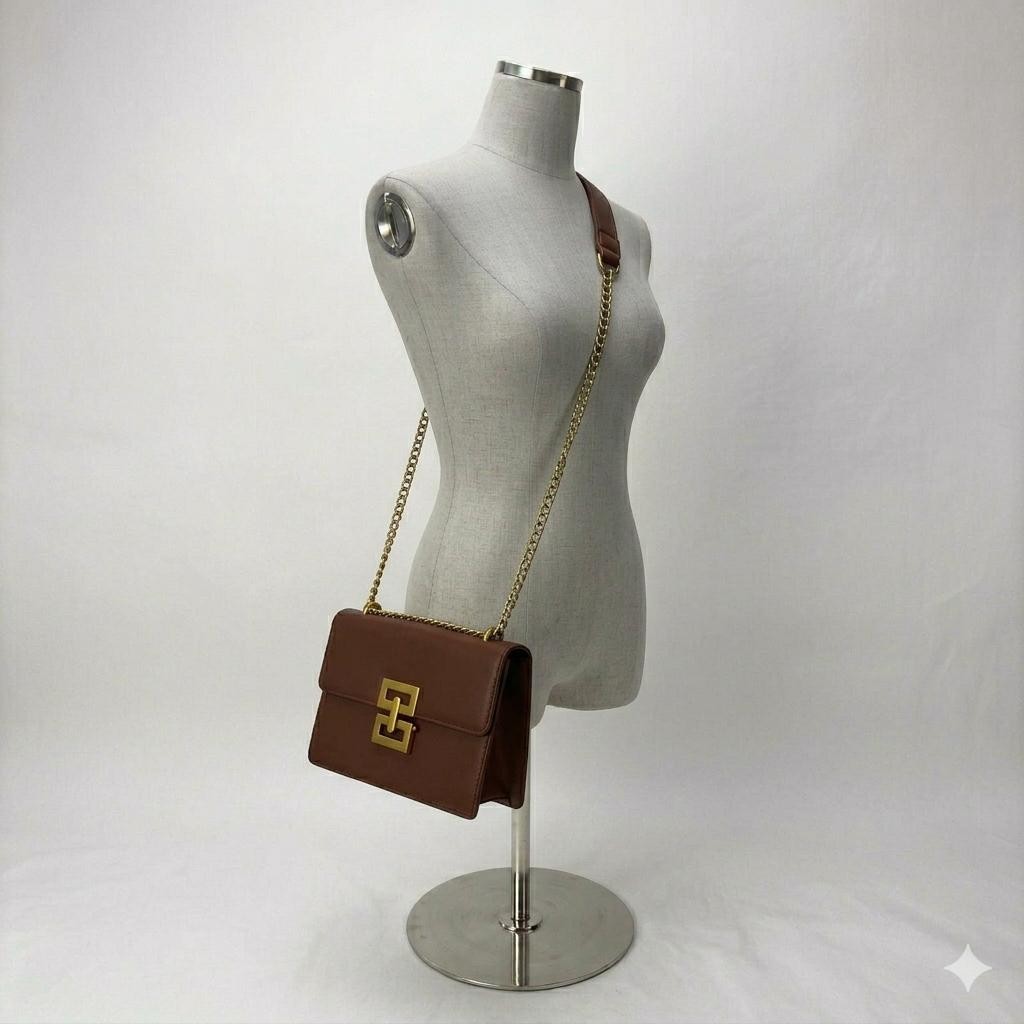 Brown Minimalist Metal Decor Chain Shoulder Bag Elegant PU Crossbody Bag