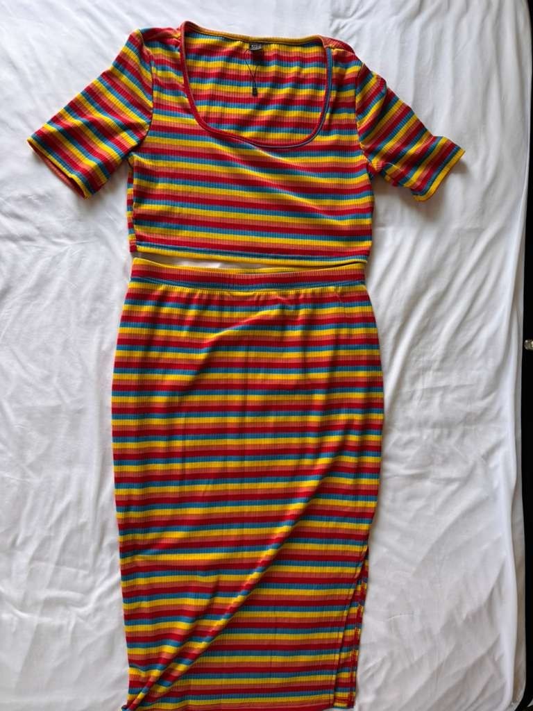 Floerns Womens Rib Knit Striped Tee Shirt With Skiirt Set 2 Pieces Dress Outfit
