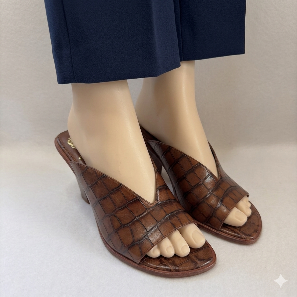Vince Camuto Mershid brown Croc Embossed Leather Mule Hell Woman 8 New