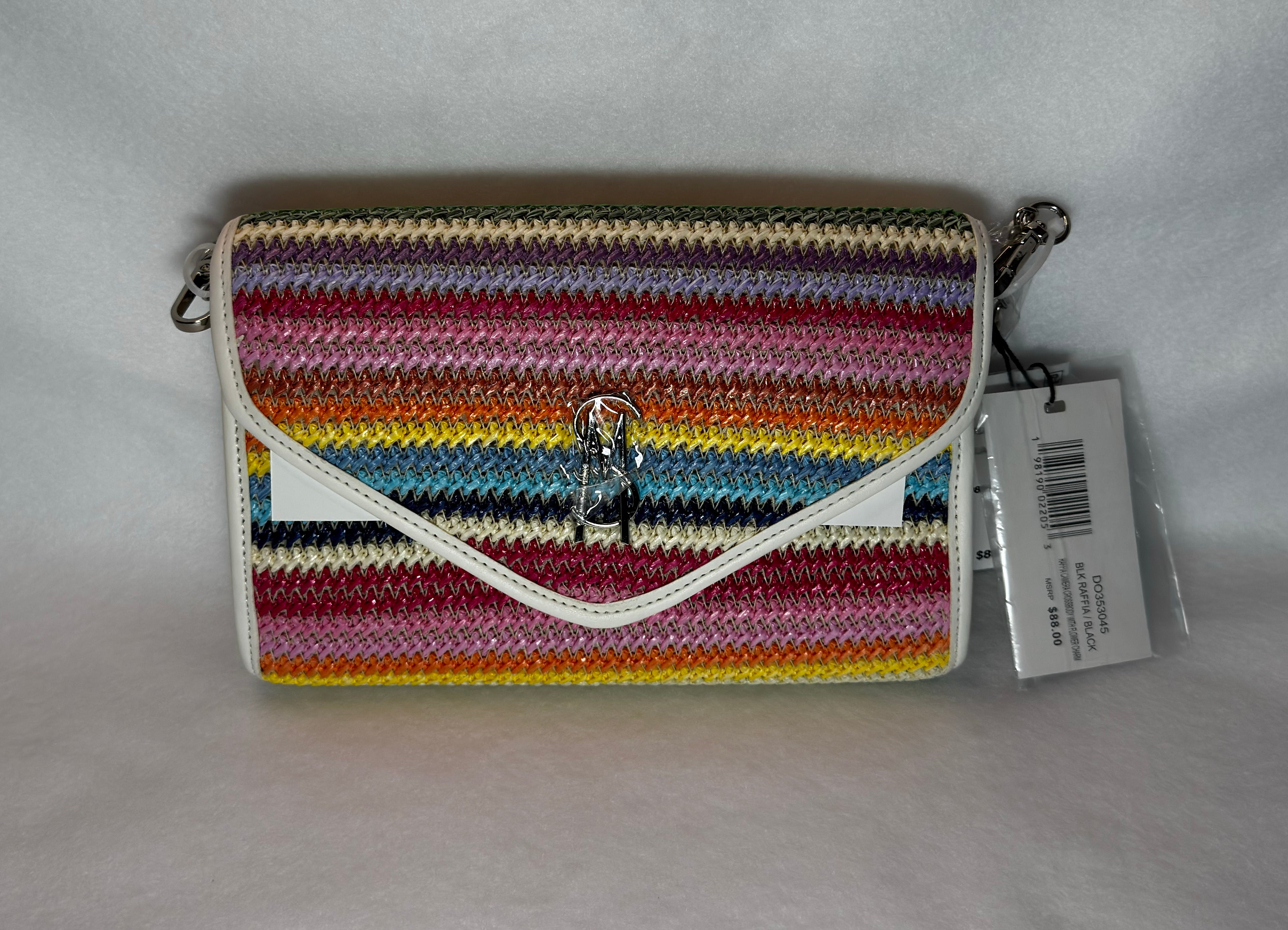 Steve Madden Crossbody Bag Raffia Camera with Flower Charm Woven Rainbow