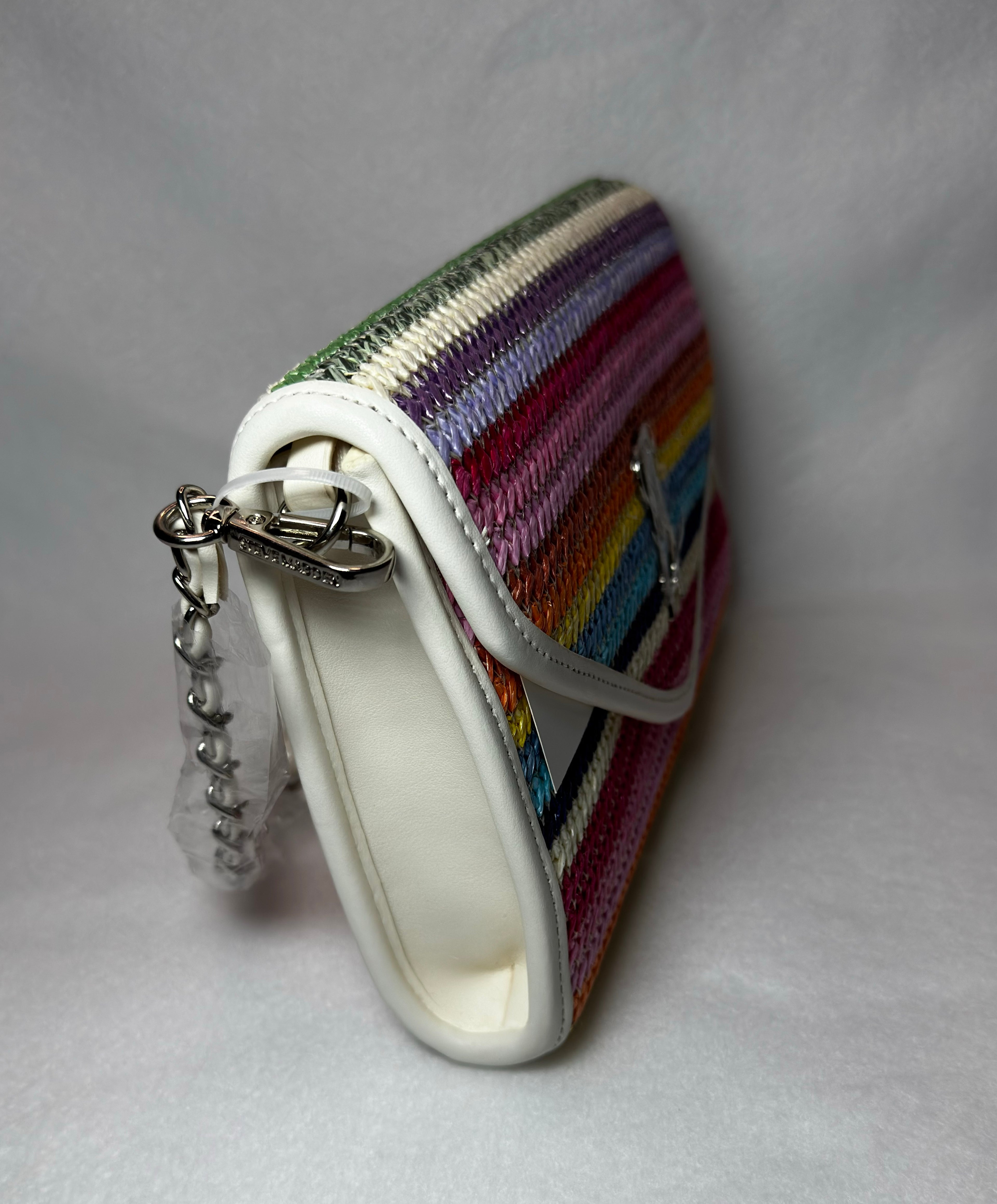 Steve Madden Crossbody Bag Raffia Camera with Flower Charm Woven Rainbow