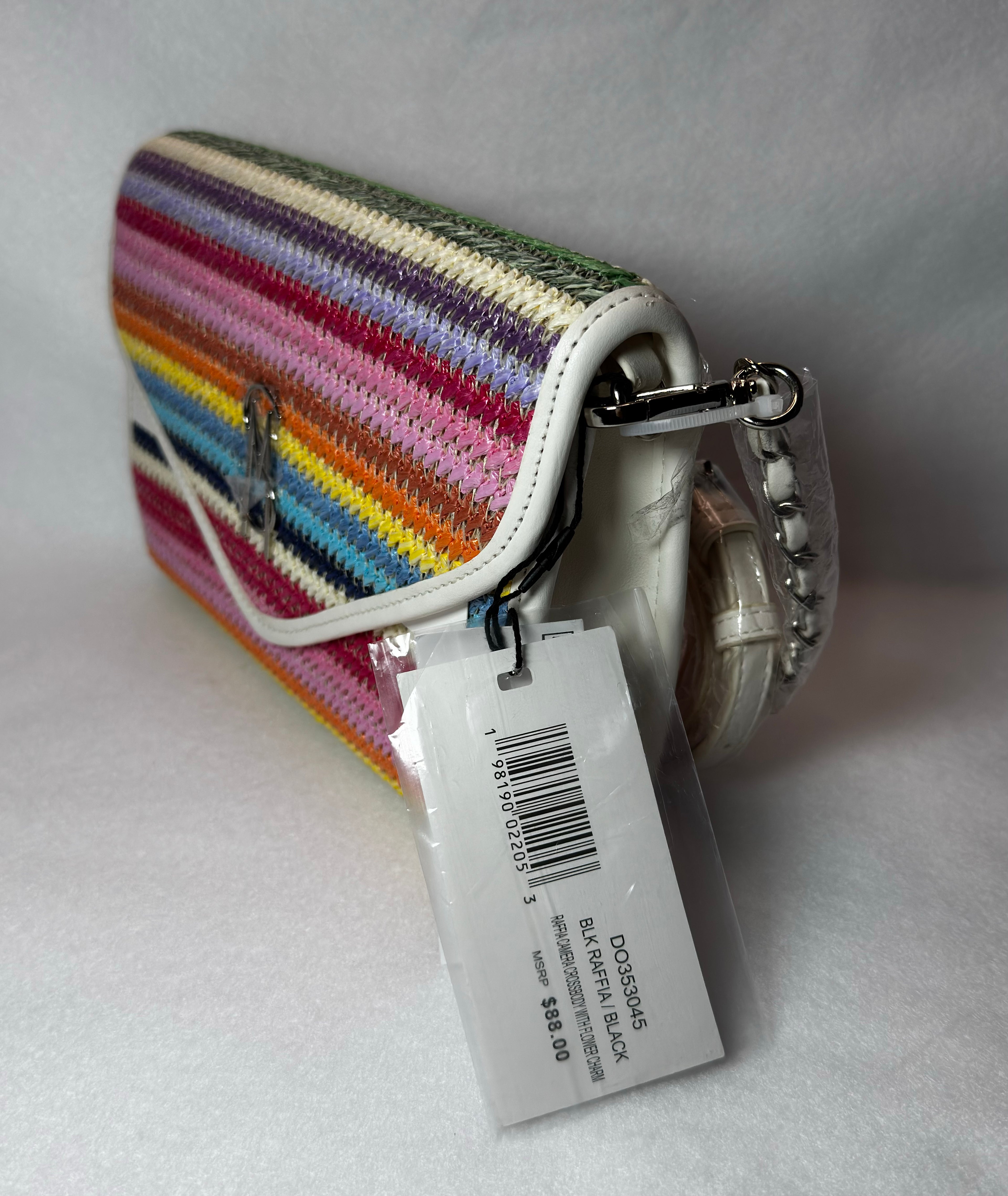 Steve Madden Crossbody Bag Raffia Camera with Flower Charm Woven Rainbow