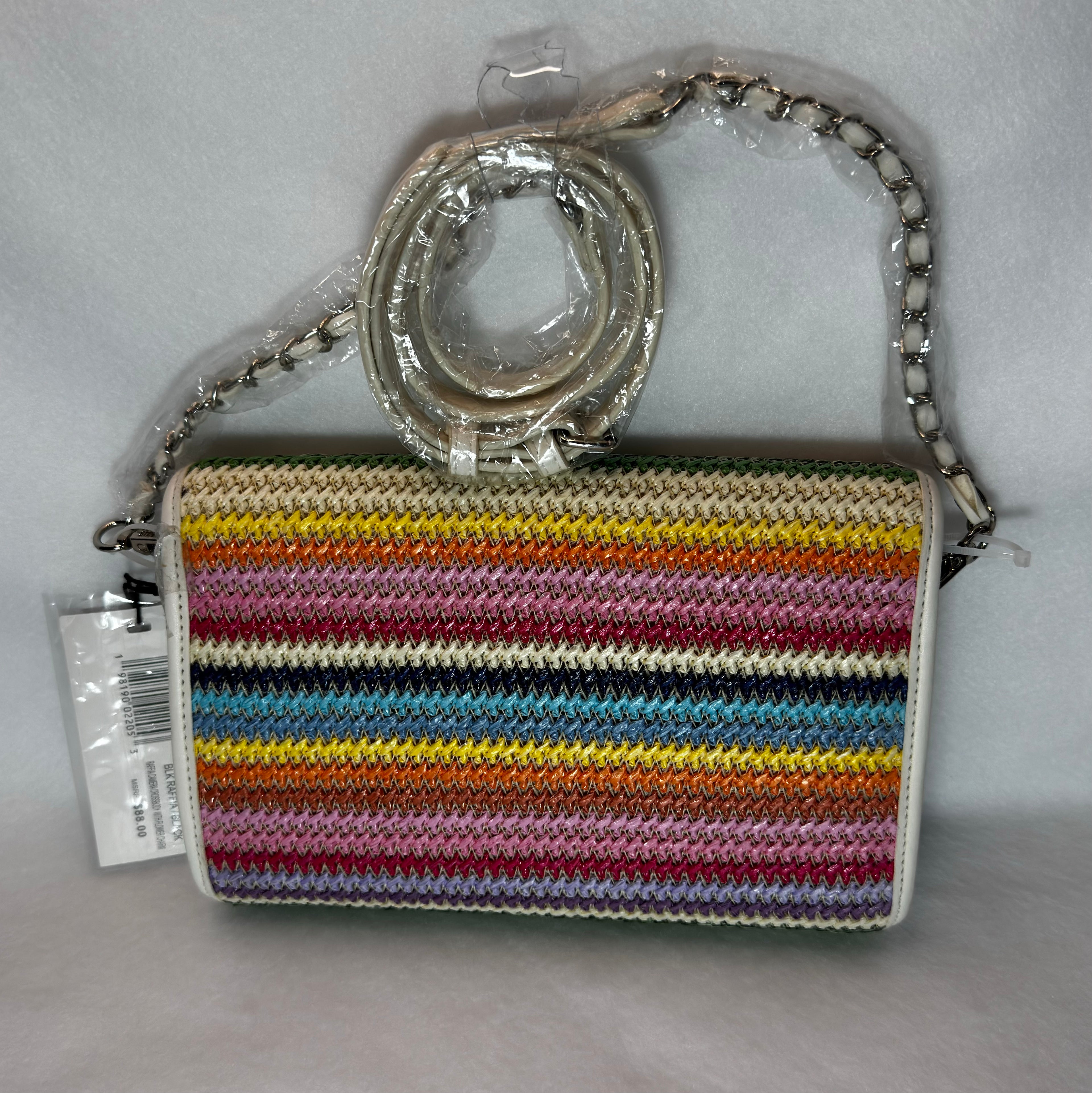 Steve Madden Crossbody Bag Raffia Camera with Flower Charm Woven Rainbow