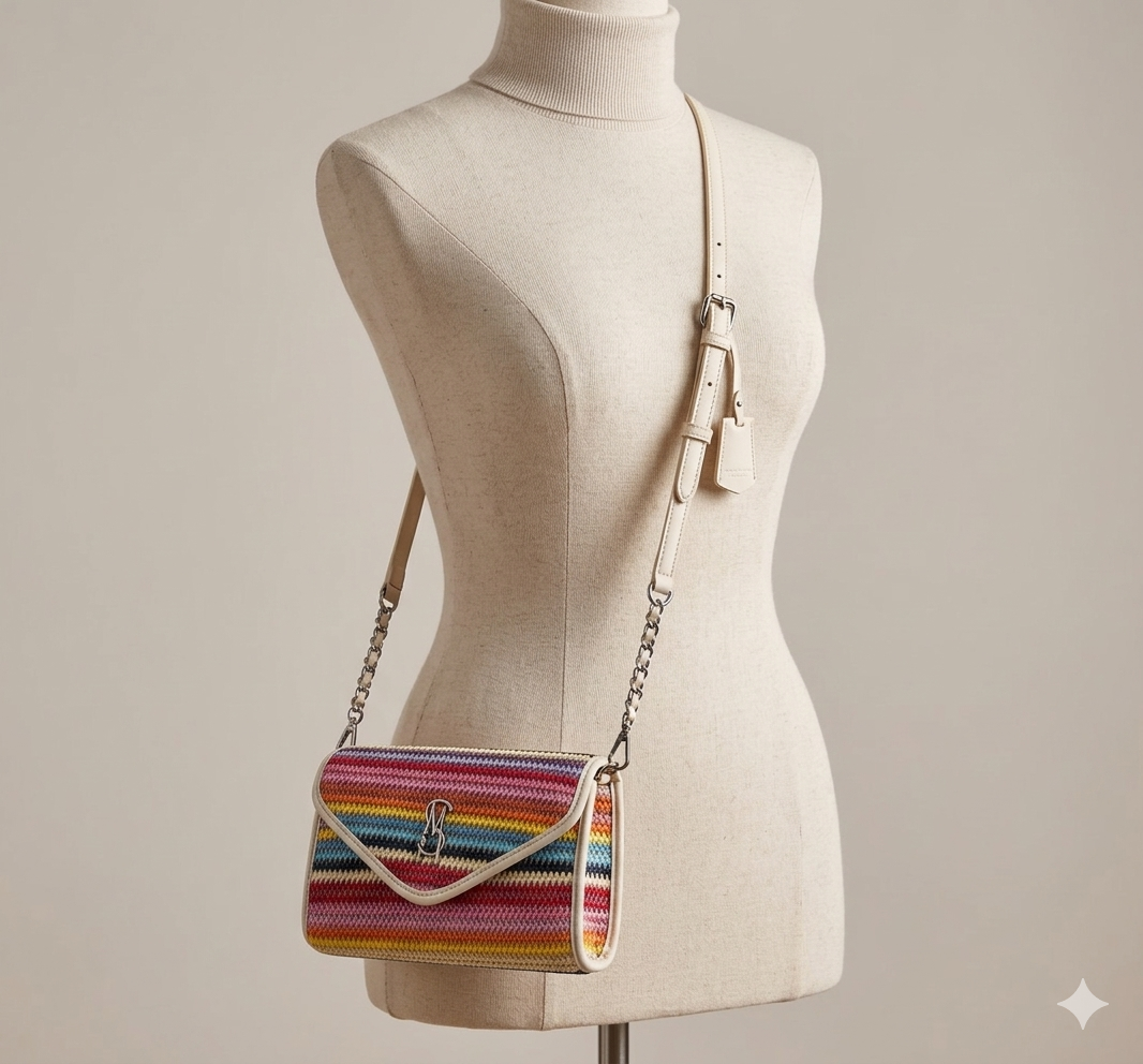 Steve Madden Crossbody Bag Raffia Camera with Flower Charm Woven Rainbow