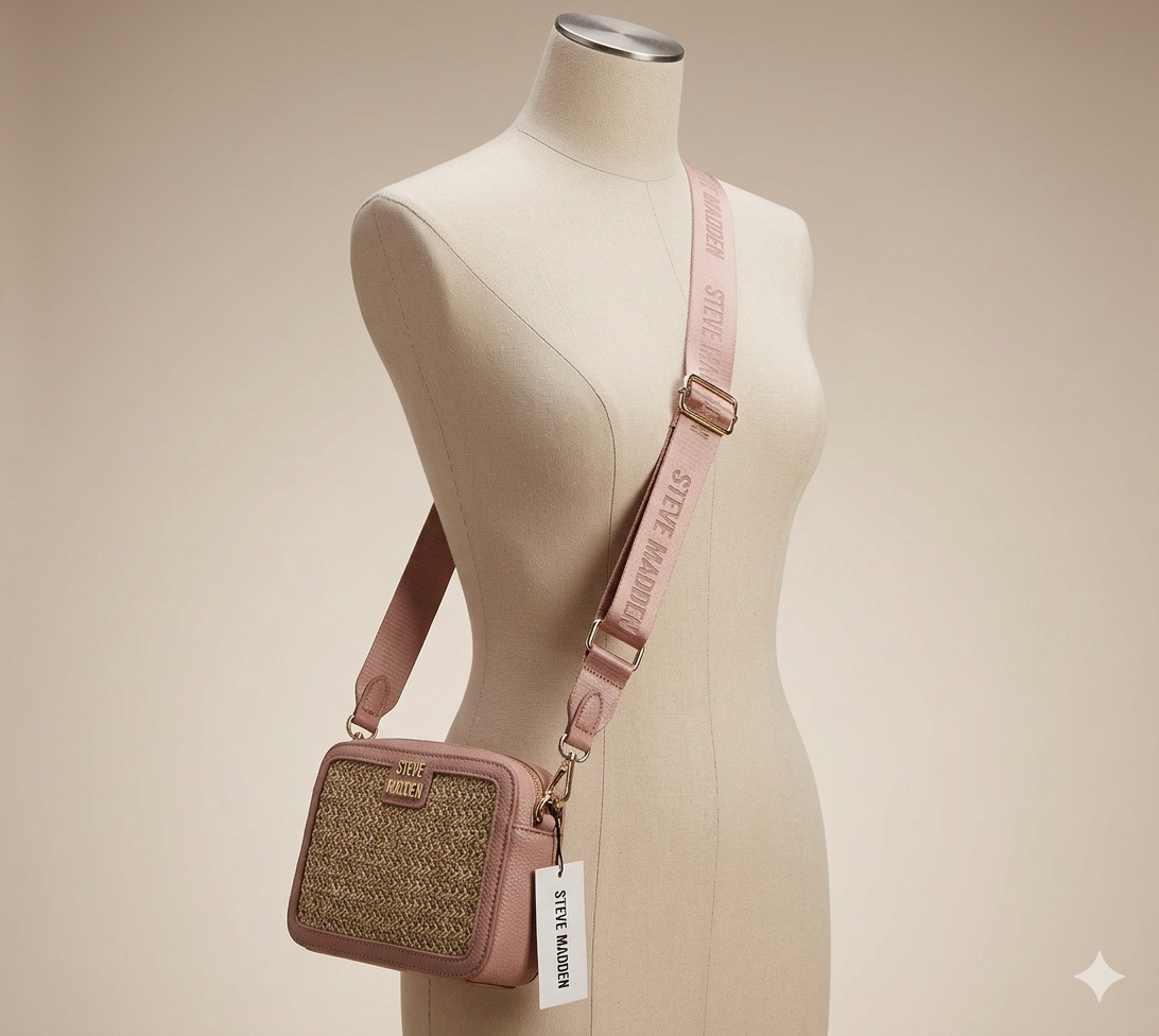 STEVE MADDEN Raffia Camera Crossbody W/ Flower BDaisy Charm Blush NWT