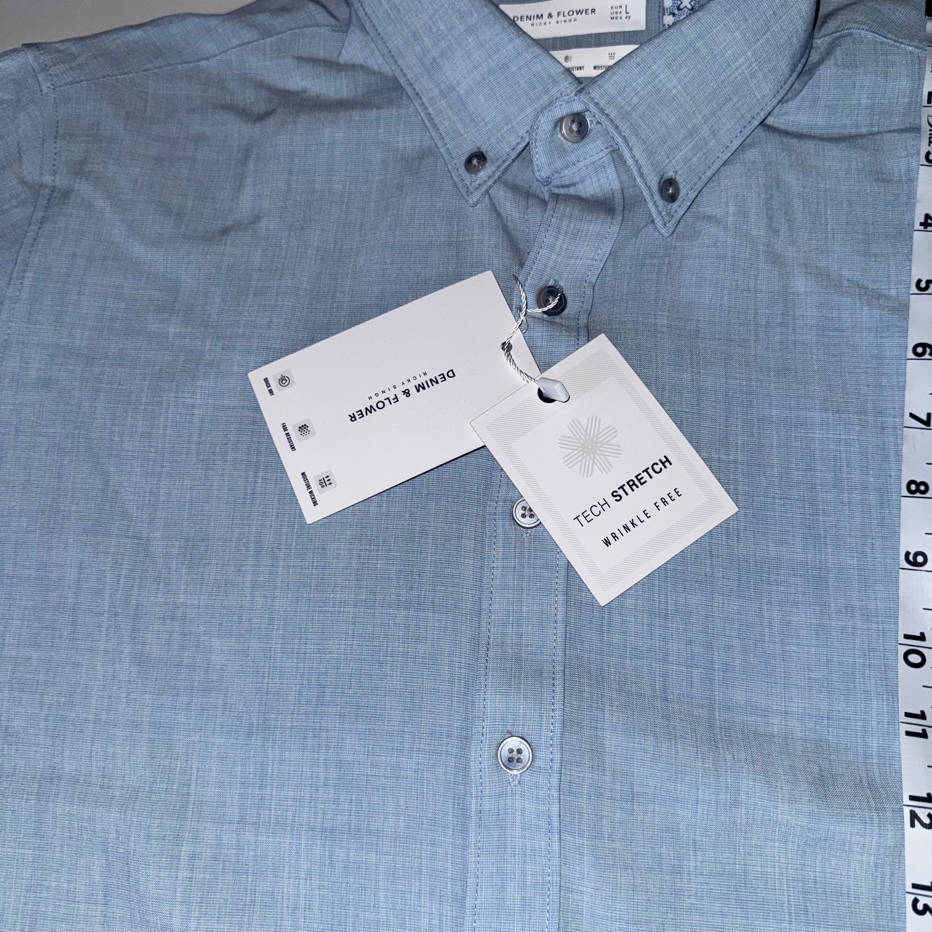Denim & Flower By Ricky Singh Men's Light Blue Collared Button Down Shirt, L