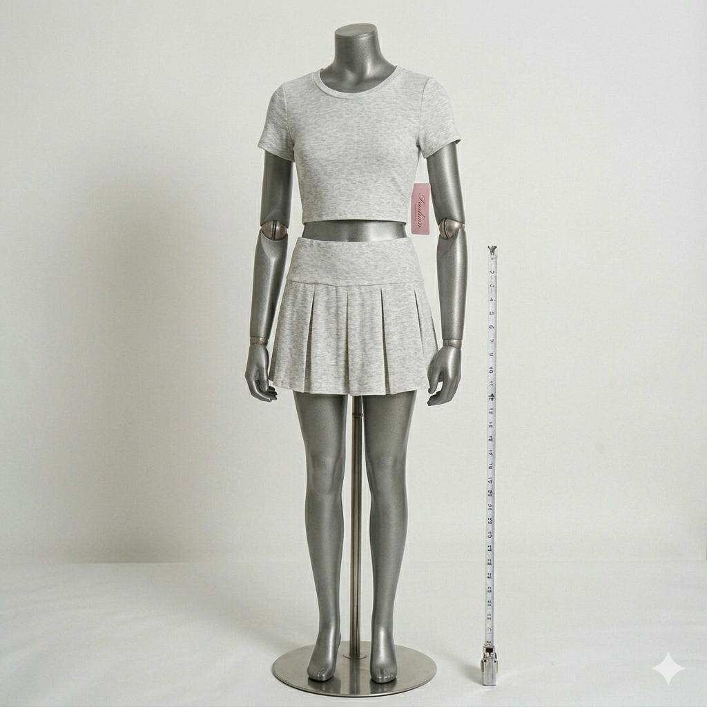 Bird Fashion Pleated Grey Two-piece Set Solid Color, Size L