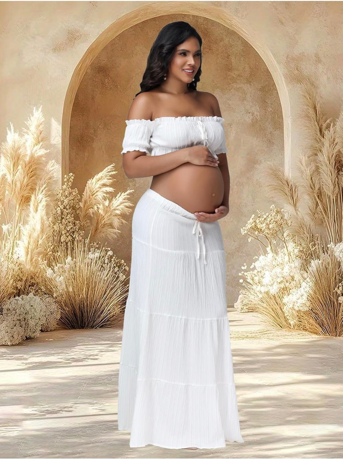 Maternity 2 Pieces Outfits Dress Boho Off Shoulder Ruffle, Long Skirt for Photos