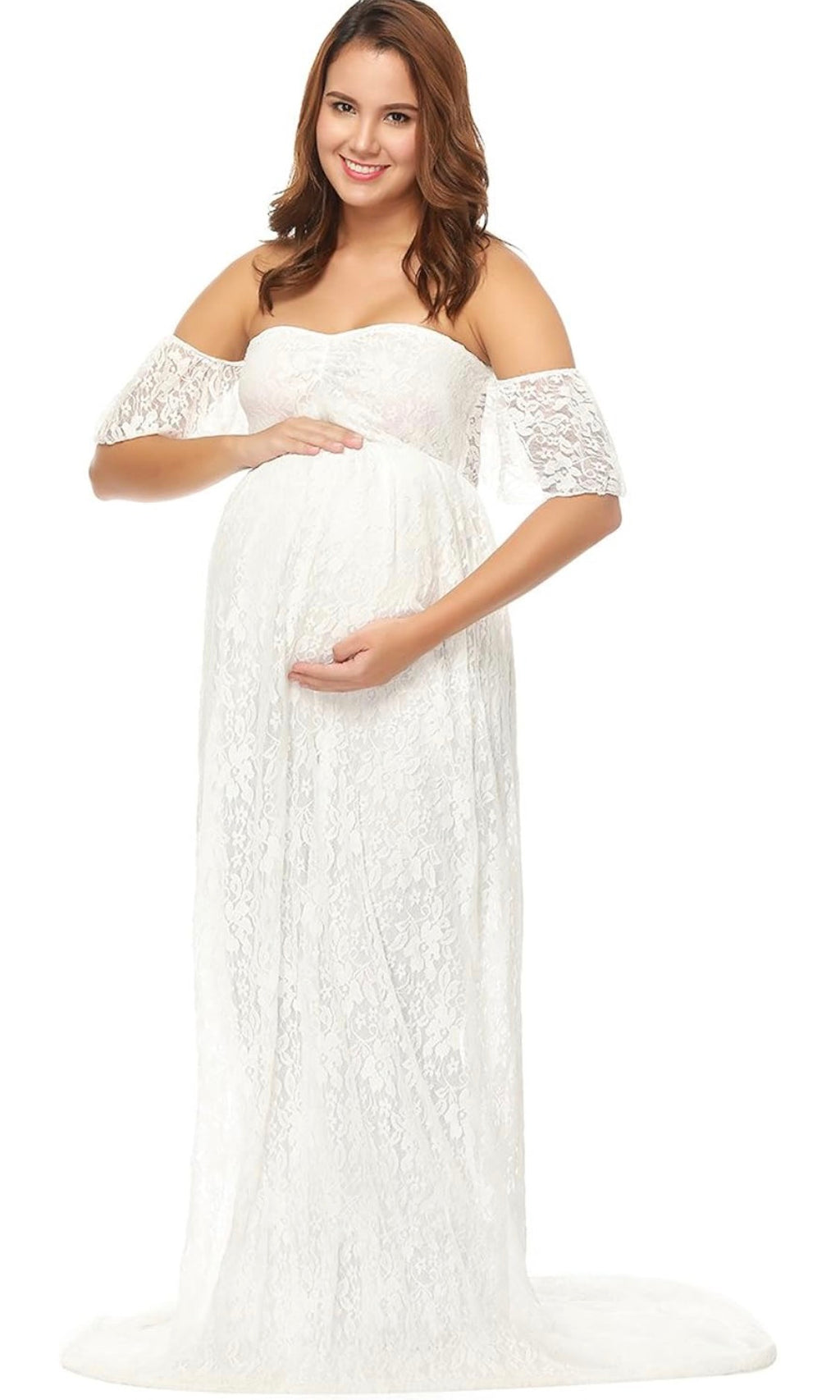 Maternity off Shoulder Ruffle Sleece Lace Wedding Gown Maxi, Dress for Photo