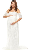 Maternity off Shoulder Ruffle Sleece Lace Wedding Gown Maxi, Dress for Photo