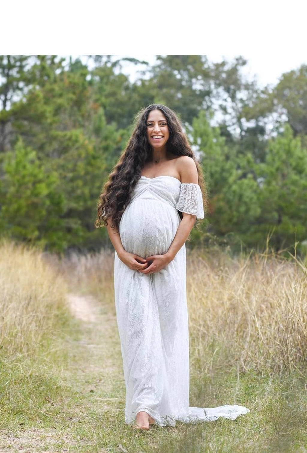 Maternity off Shoulder Ruffle Sleece Lace Wedding Gown Maxi, Dress for Photo