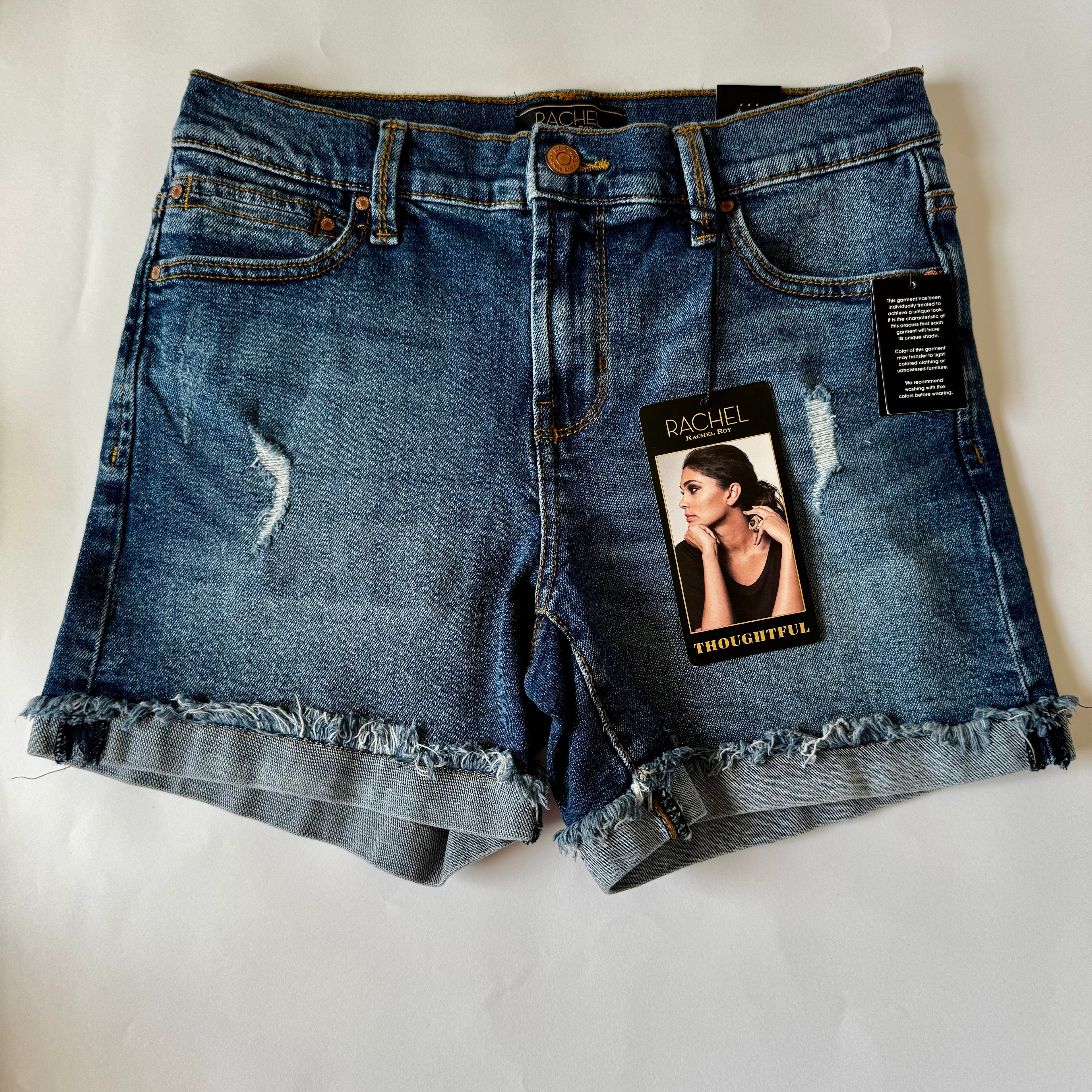Rachel Roy Denim Shorts Womens 4/ 27 Blue Distressed Raw Hem Mid Rise Summer