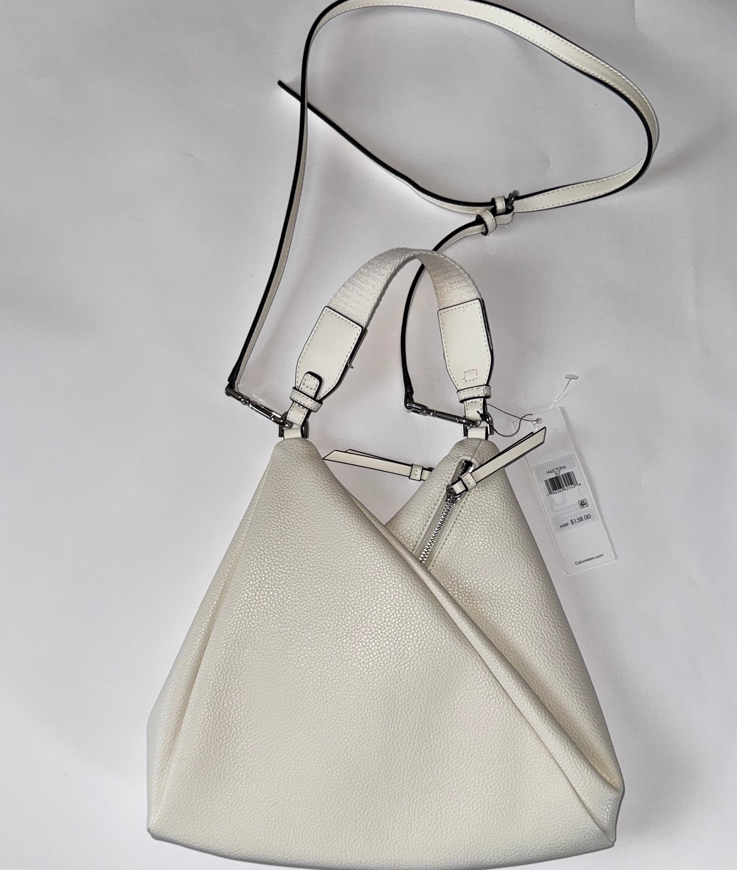 Calvin Klein Leather Geo Convertible Multi Zippered Hobo Bag White Silver Cross