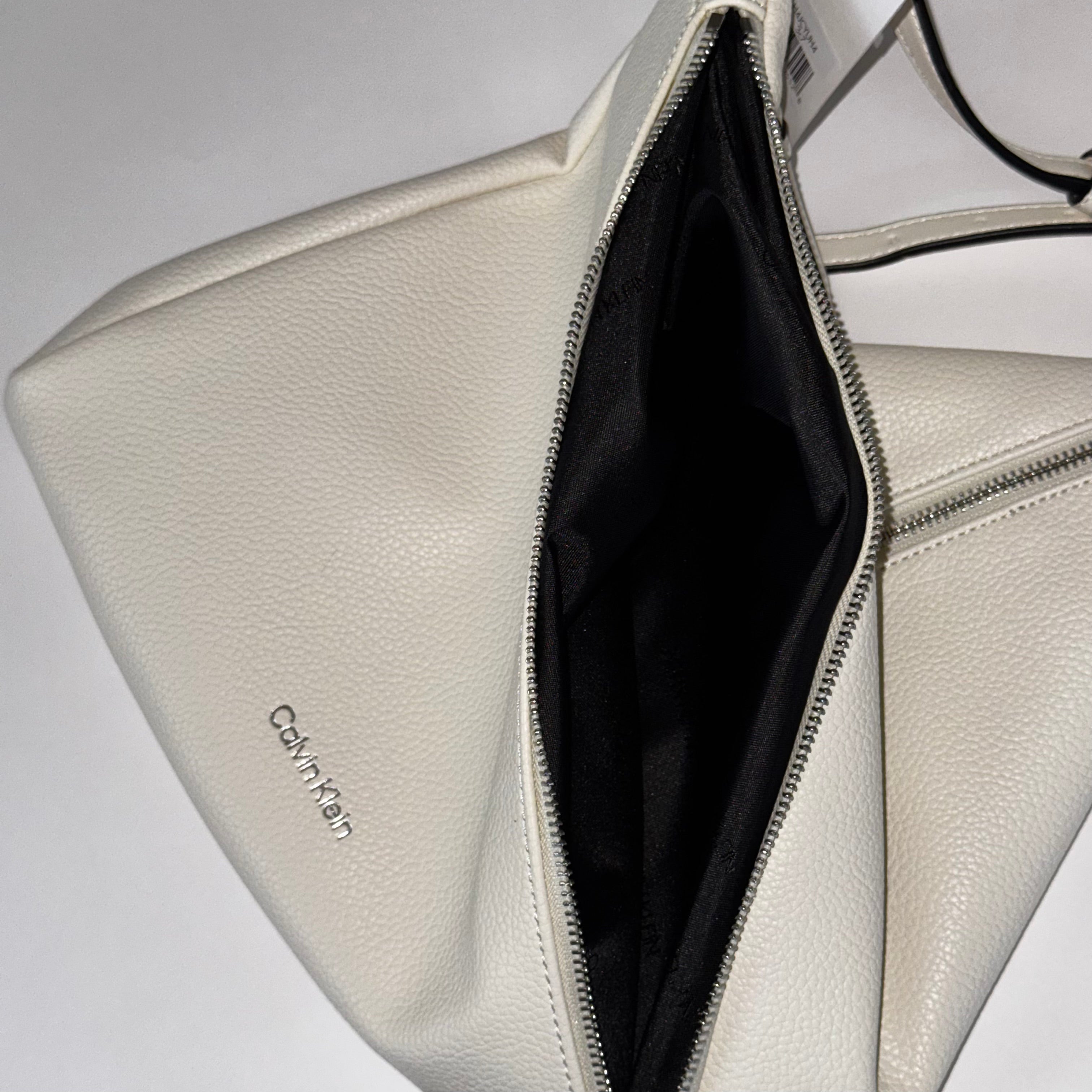 Calvin Klein Leather Geo Convertible Multi Zippered Hobo Bag White Silver Cross