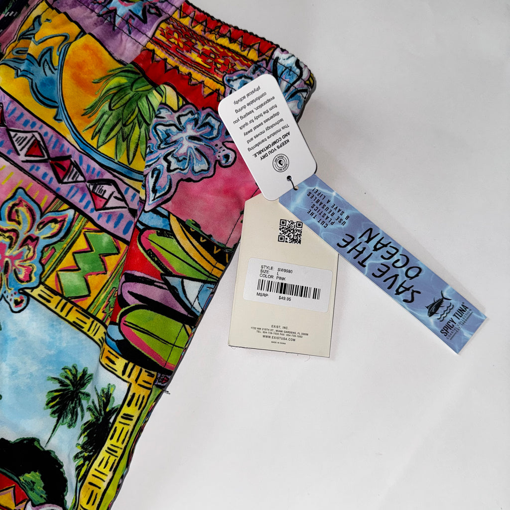 Spicy Tuna Swim Short/Trunks Mens Large Lined Palm Tree All over Water
