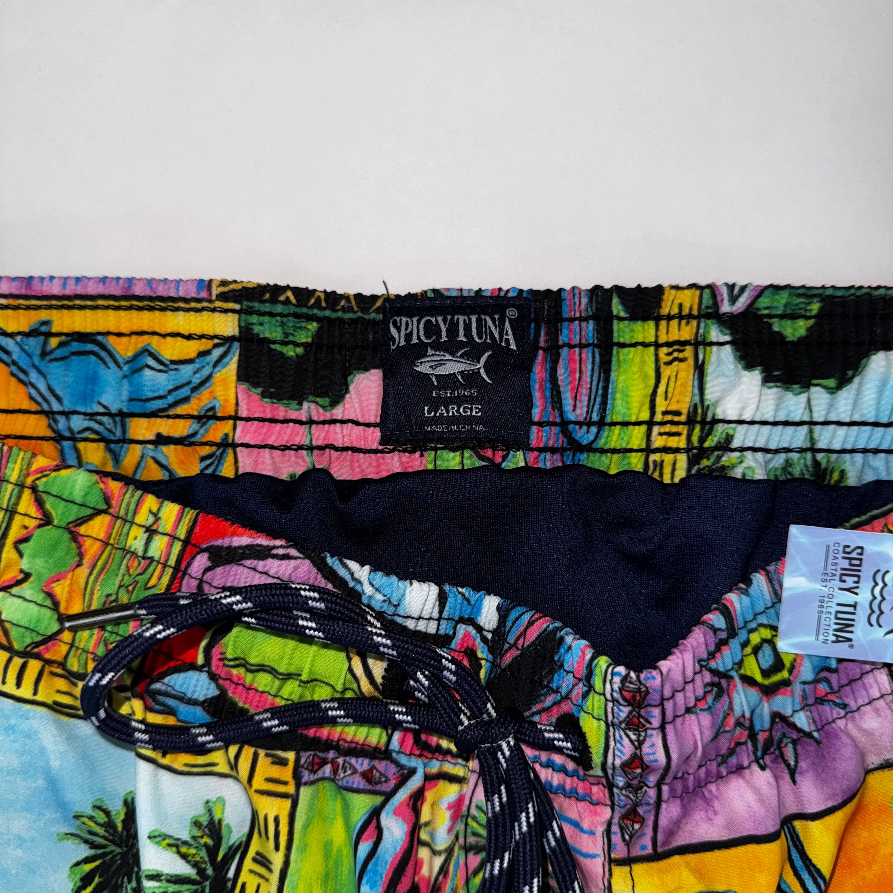 Spicy Tuna Swim Short/Trunks Mens Large Lined Palm Tree All over Water