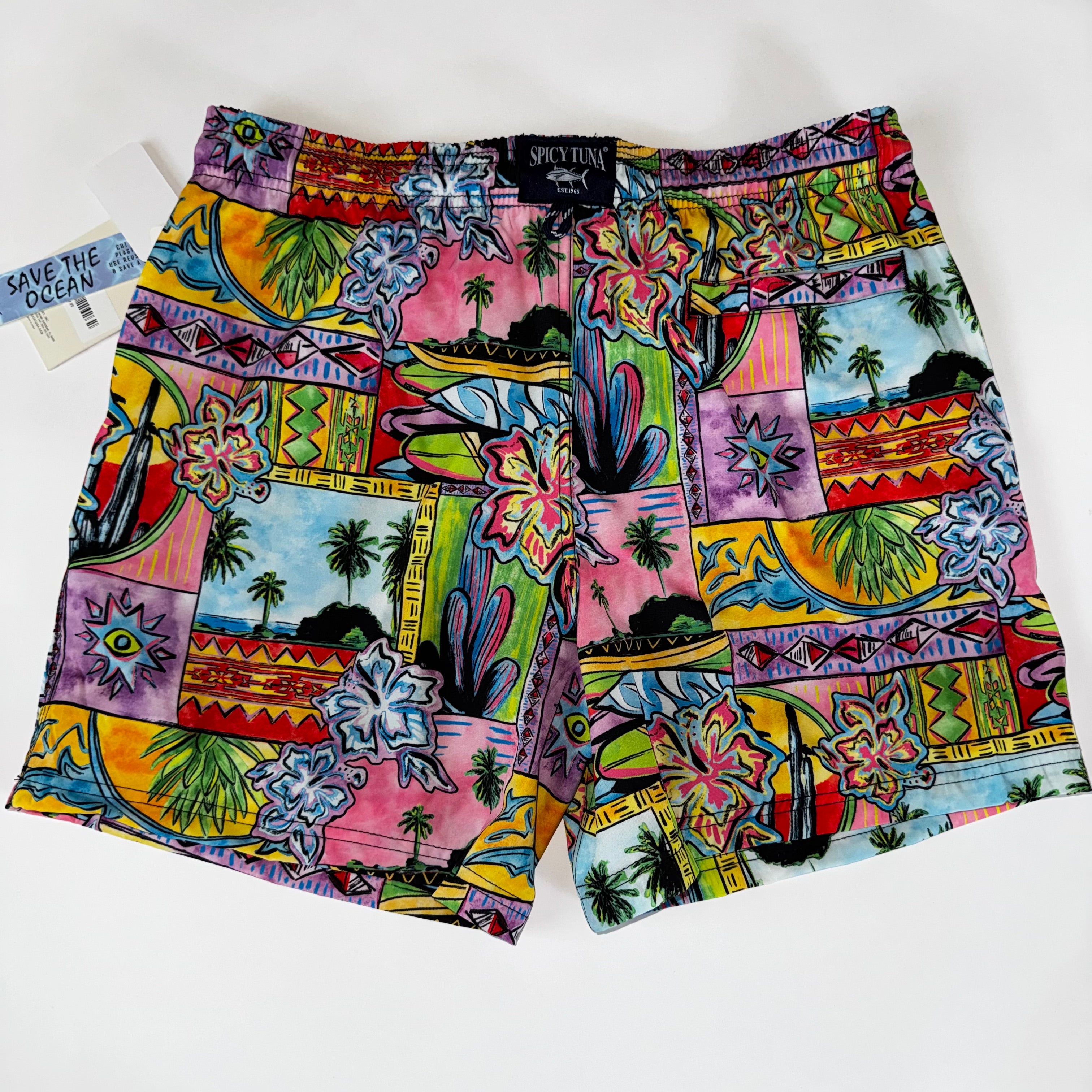 Spicy Tuna Swim Short/Trunks Mens Large Lined Palm Tree All over Water